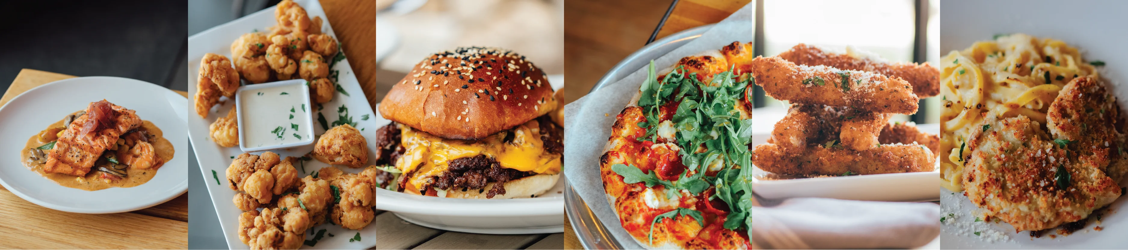 Assorted dishes including salmon, burger, pizza, and pasta