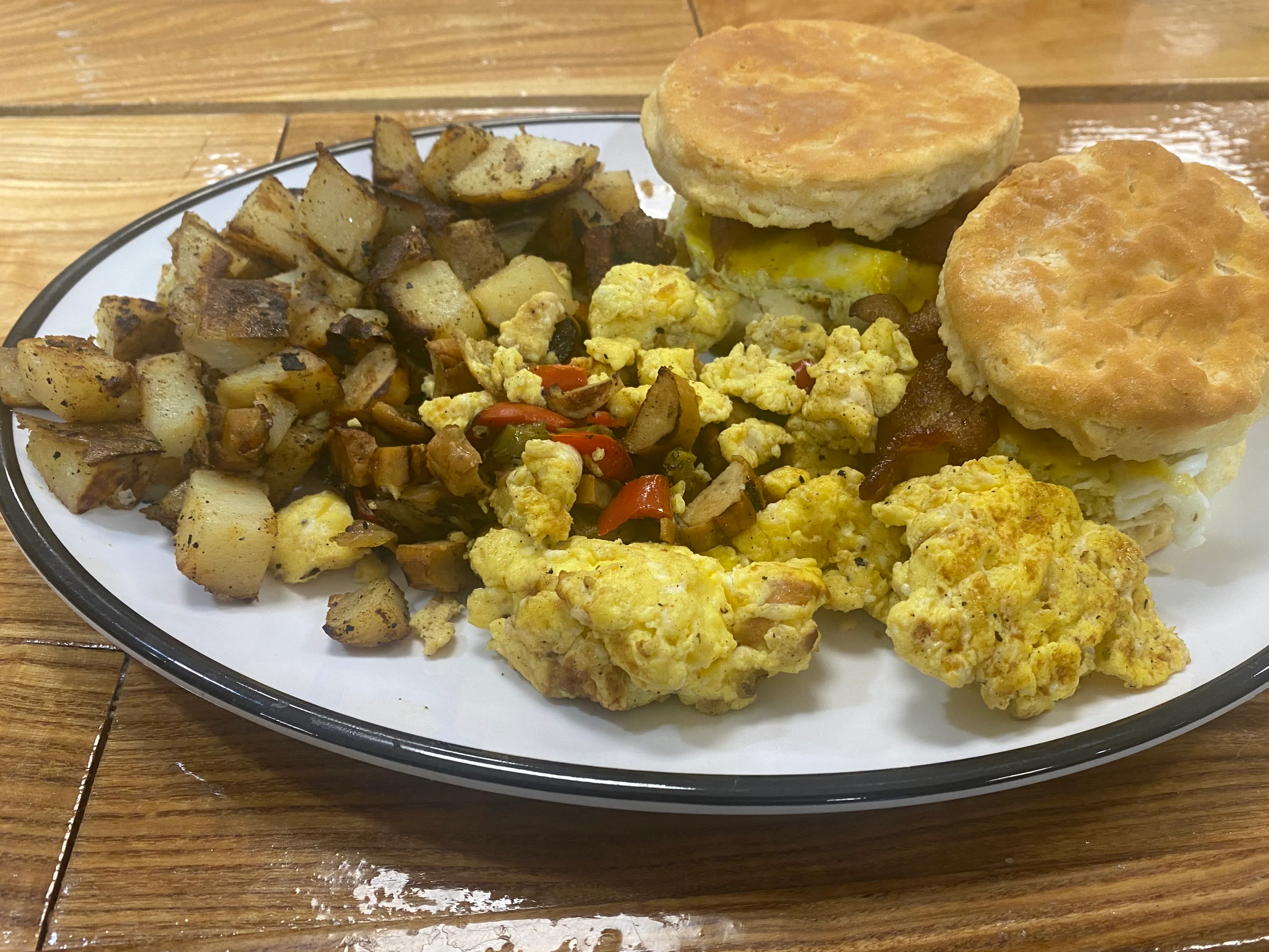 Classic American breakfast with biscuits, eggs, and potatoes