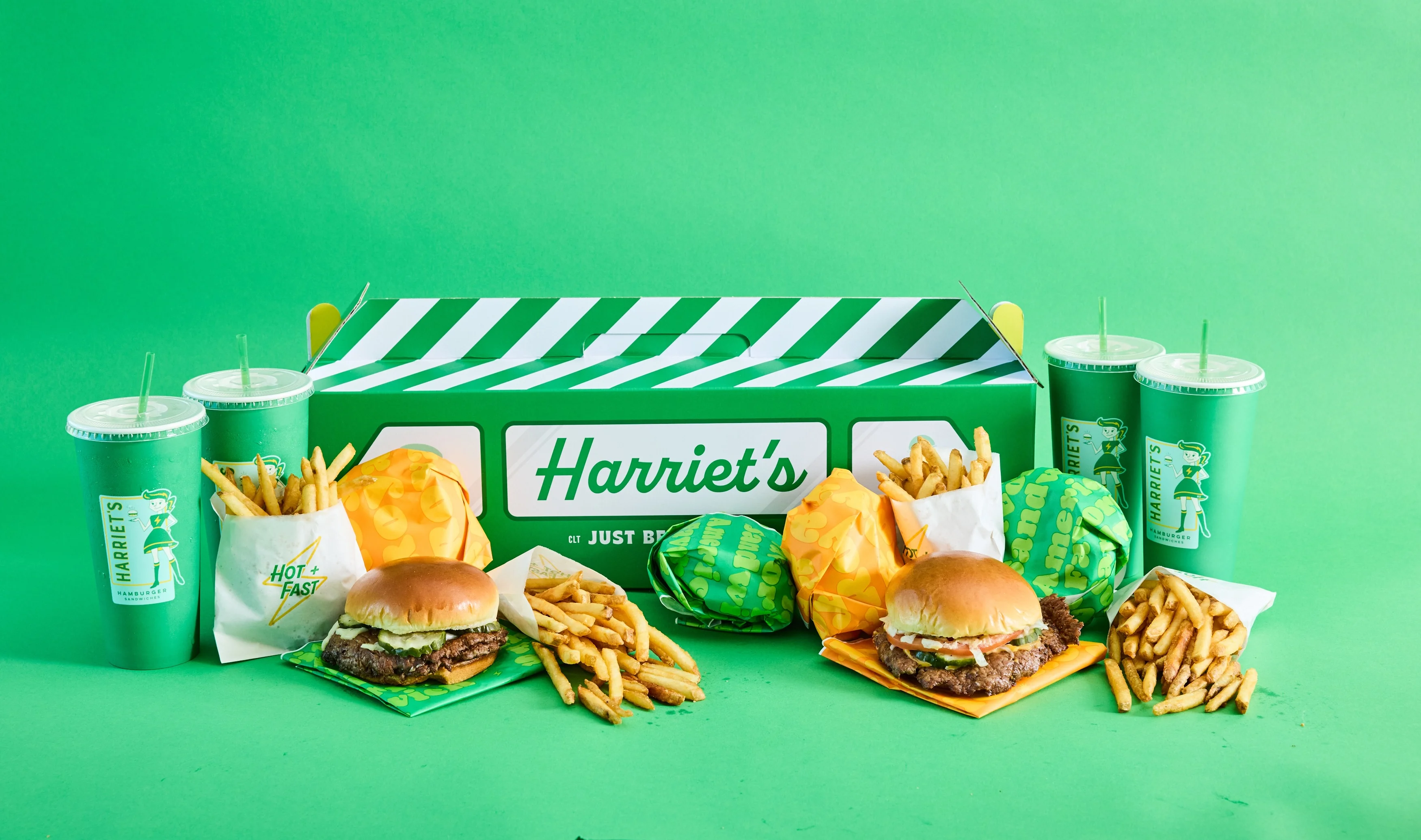 Fast food burgers and fries from Harriet's restaurant