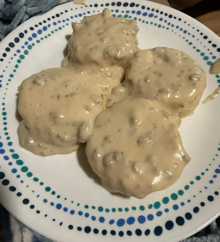 Southern biscuits and gravy served on a plate