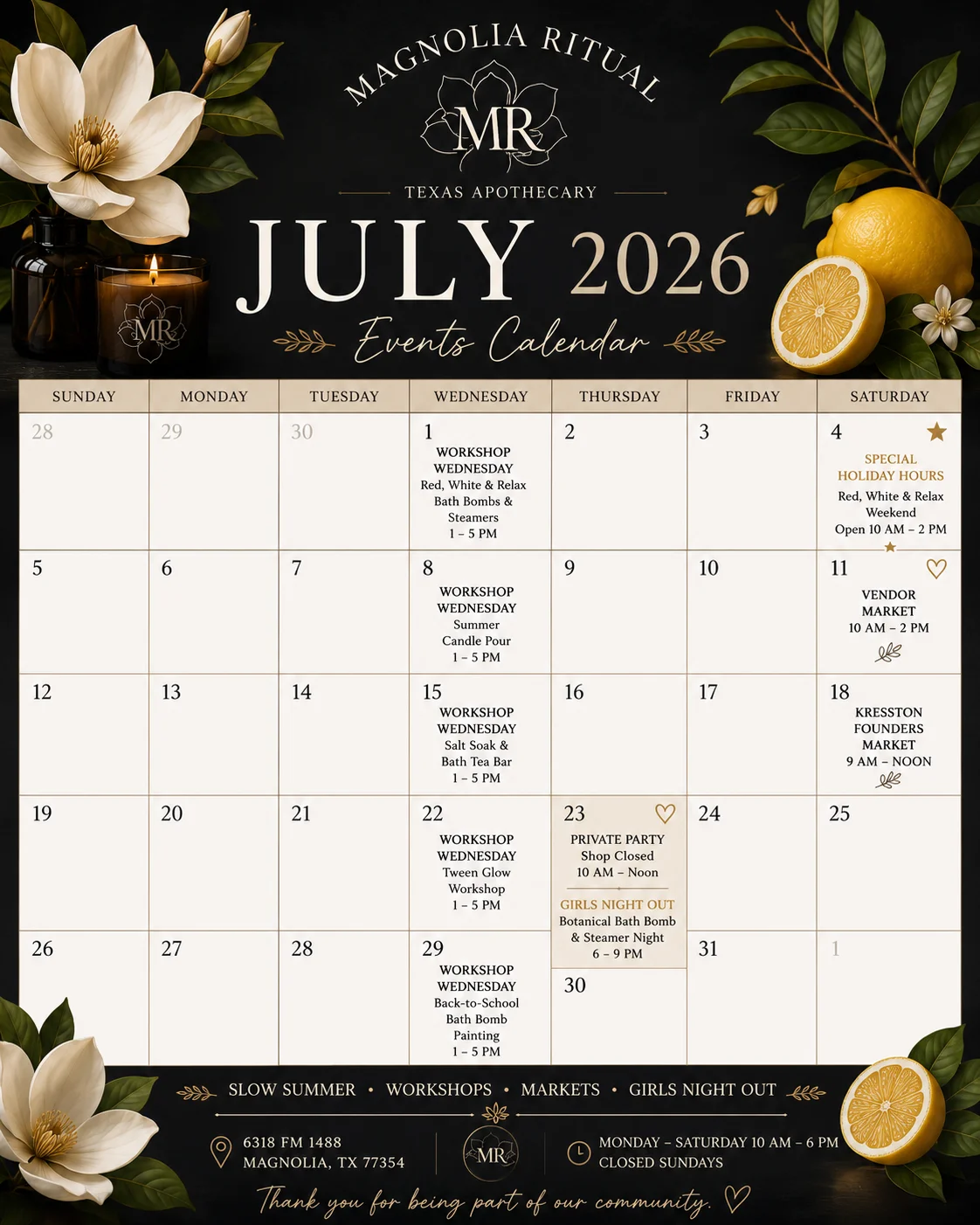 July 2026 events calendar for Magnolia Ritual Texas Apothecary