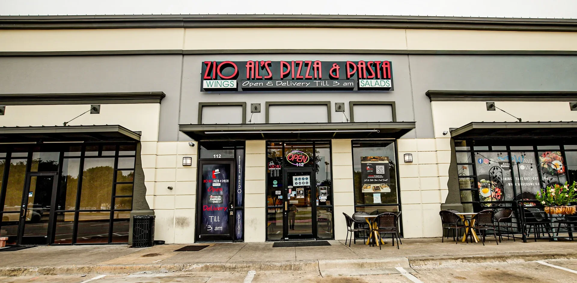 Exterior of Zio Al's Pizza & Pasta restaurant with open sign