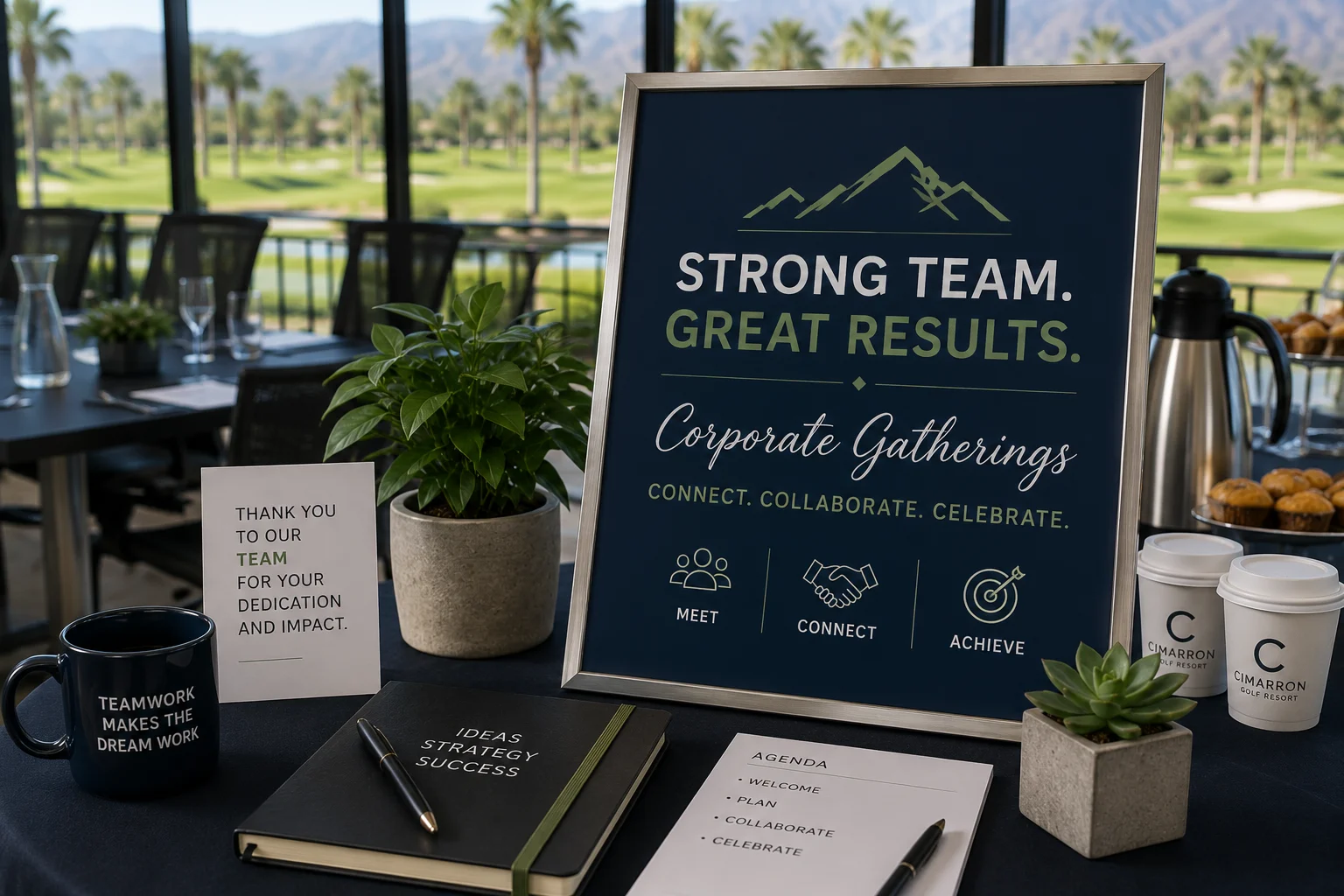 Corporate gathering setup with motivational signage and refreshments