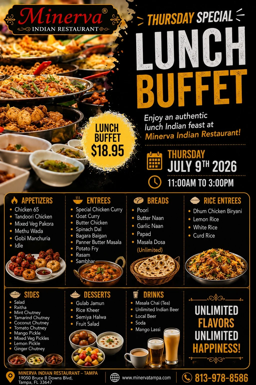 Authentic Indian dinner buffet featuring Chicken Dum Biryani and Goat Rogan Josh