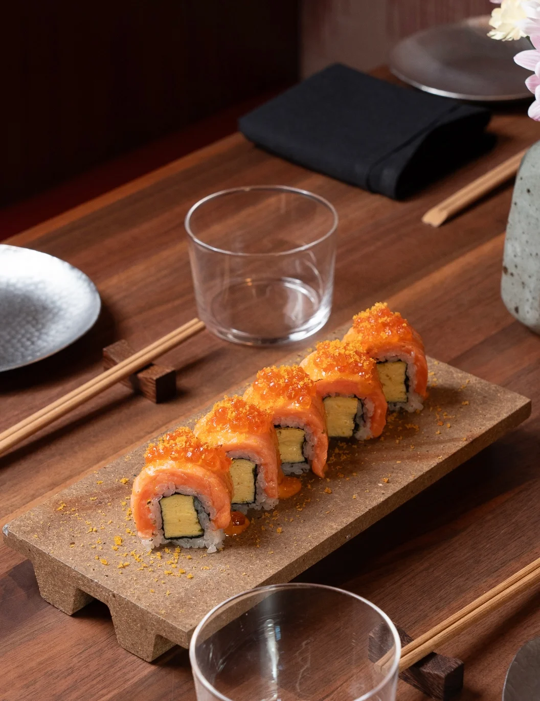 Japanese sushi roll with salmon and egg