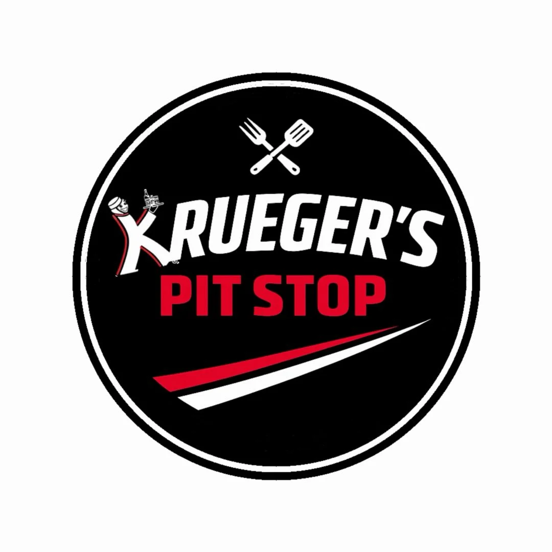 Krueger's Pit Stop logo featuring utensils and a sleek design