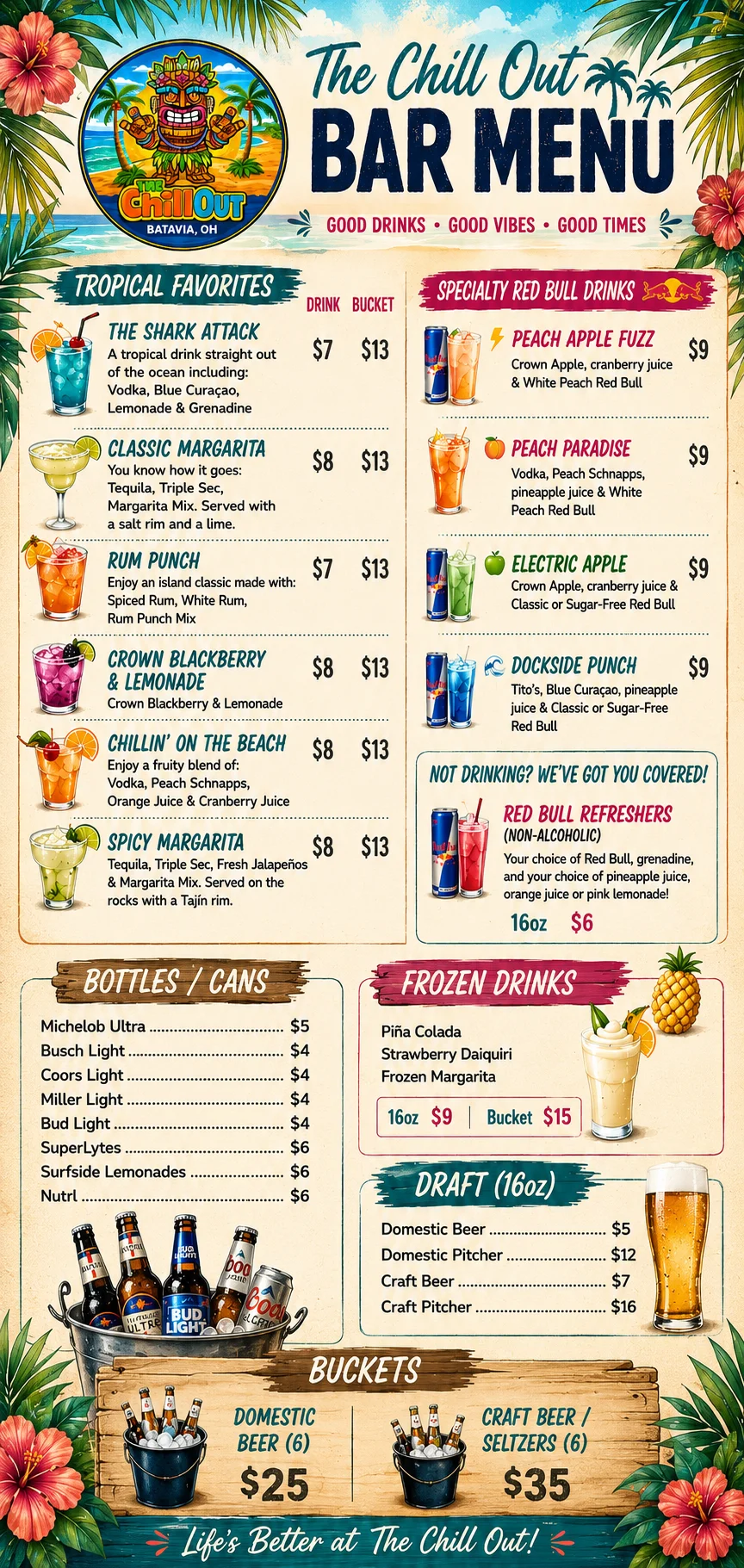 Colorful bar menu featuring tropical cocktails and drinks