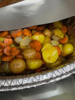 Roasted root vegetables in a serving tray