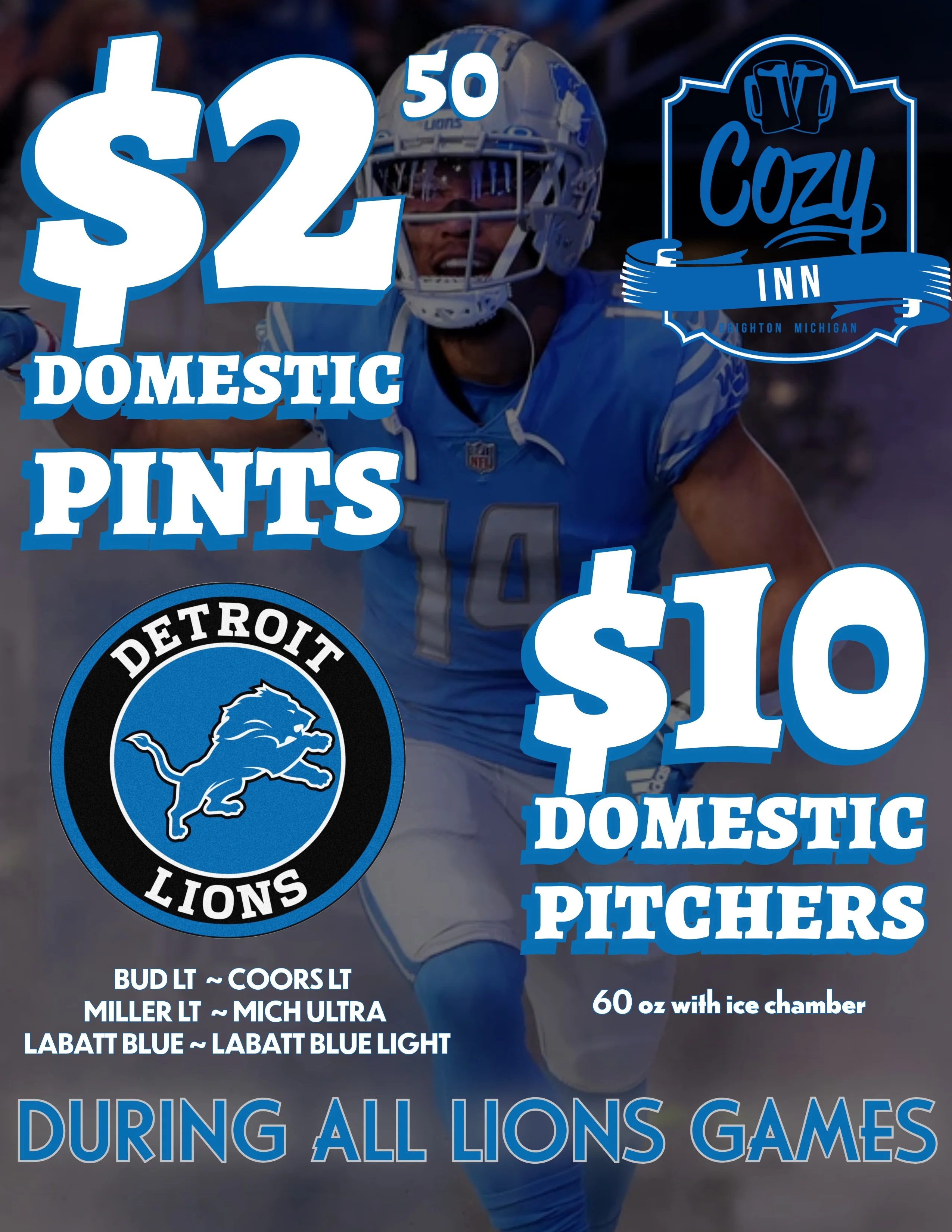 Promotional poster for domestic beer specials during Lions games