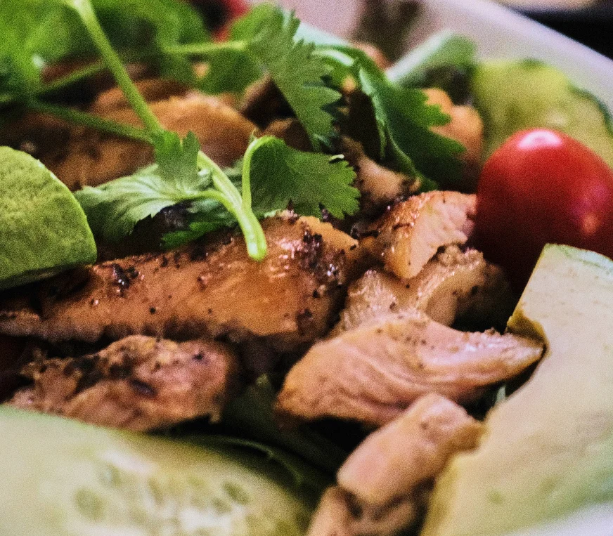 Grilled chicken salad with fresh herbs and vegetables
