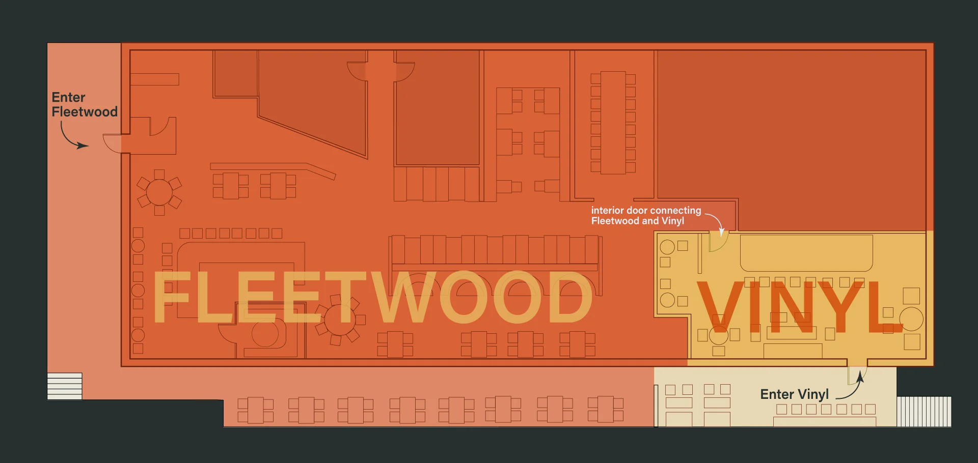 Floor plan of Fleetwood and Vinyl restaurant layout.