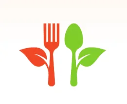 Stylized fork and spoon with green leaves symbolizing healthy eating