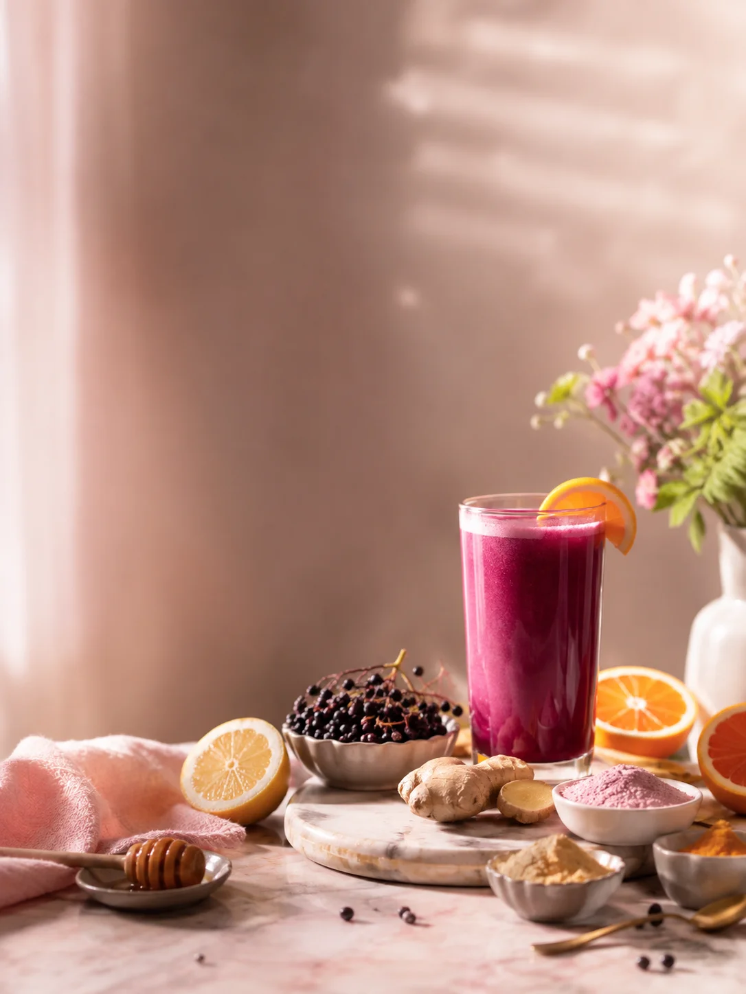Vibrant berry smoothie in a glass with citrus garnishes