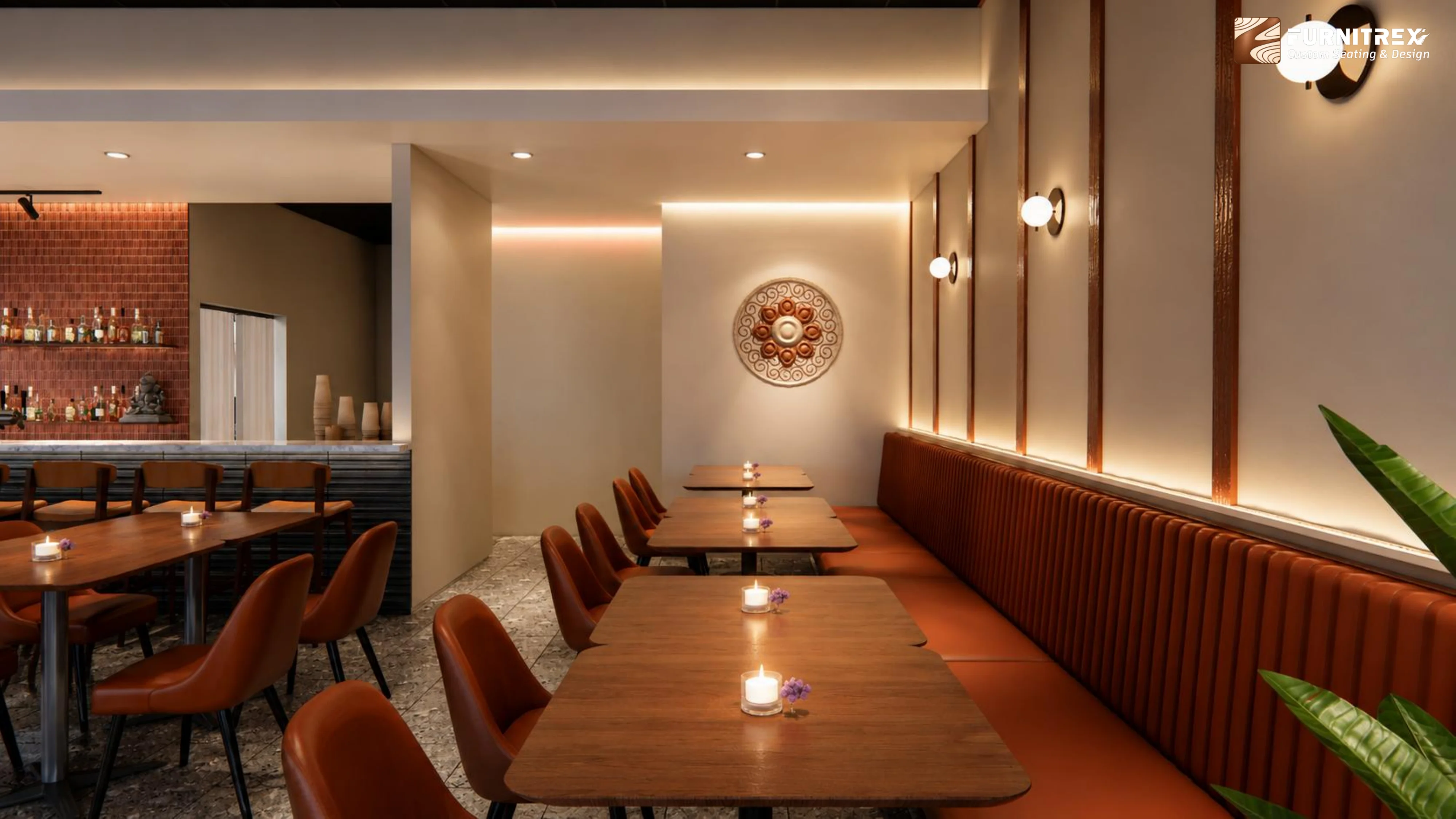 A stylish restaurant interior featuring a bar area with ambient lighting and modern decor. The warm tones create a cozy atmosphere suitable for dining.