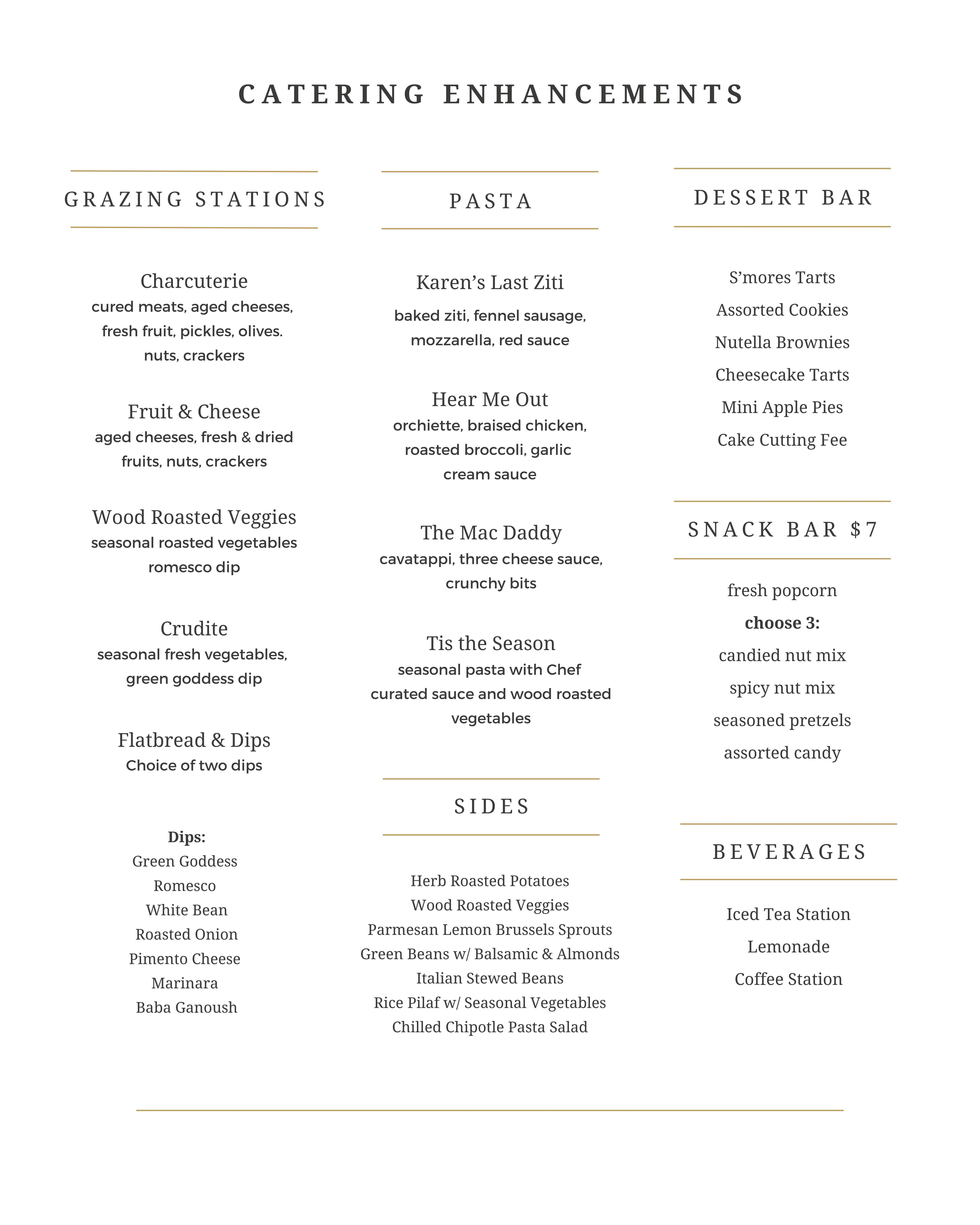 Catering menu featuring diverse add-ons for events