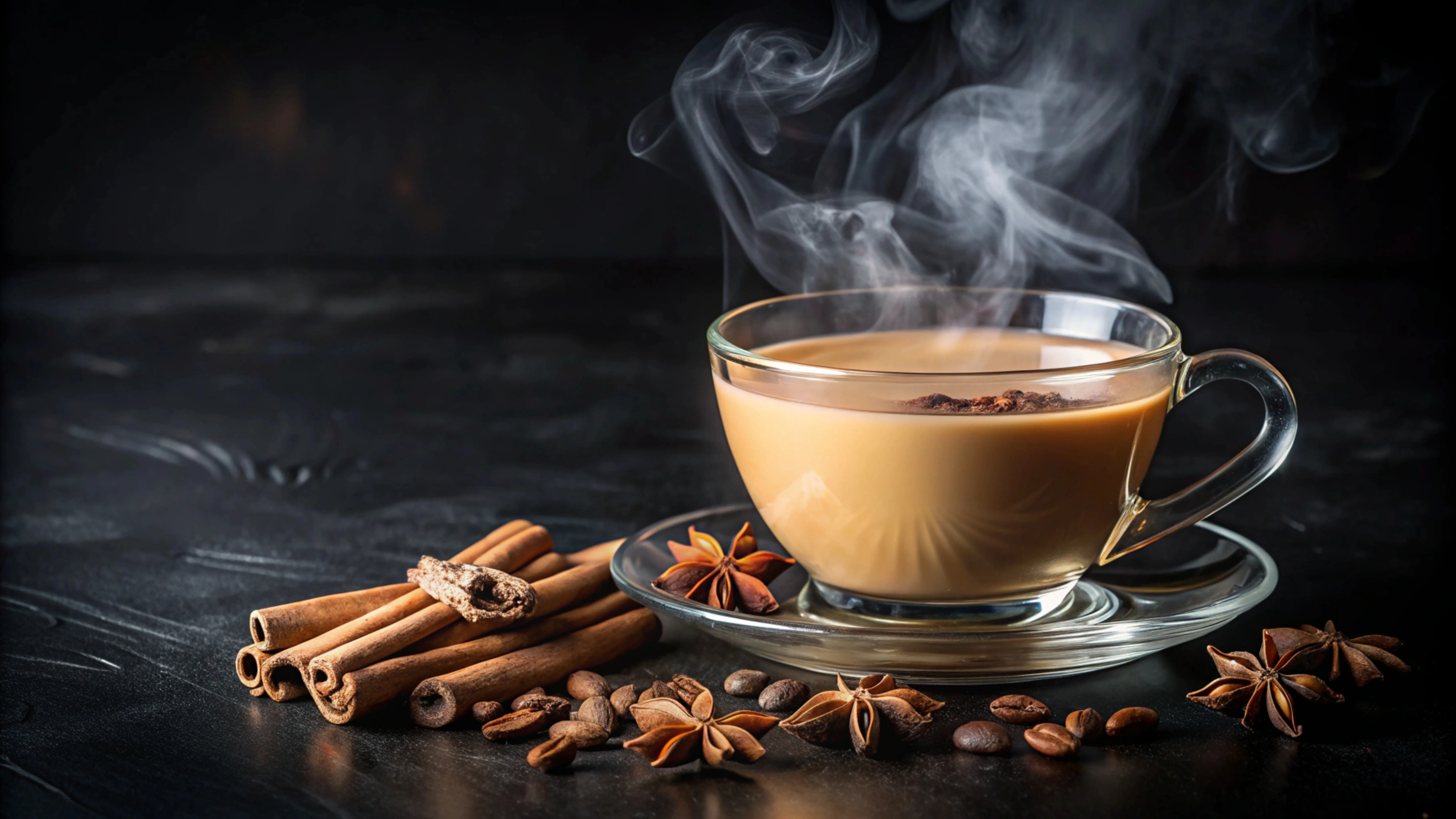Steaming cup of Indian chai with spices