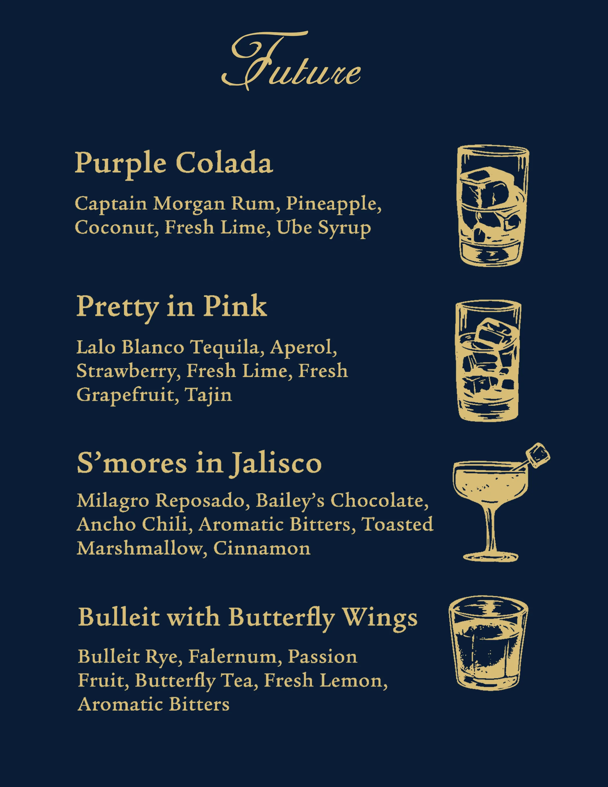 Cocktail menu featuring creative drinks at a modern bar