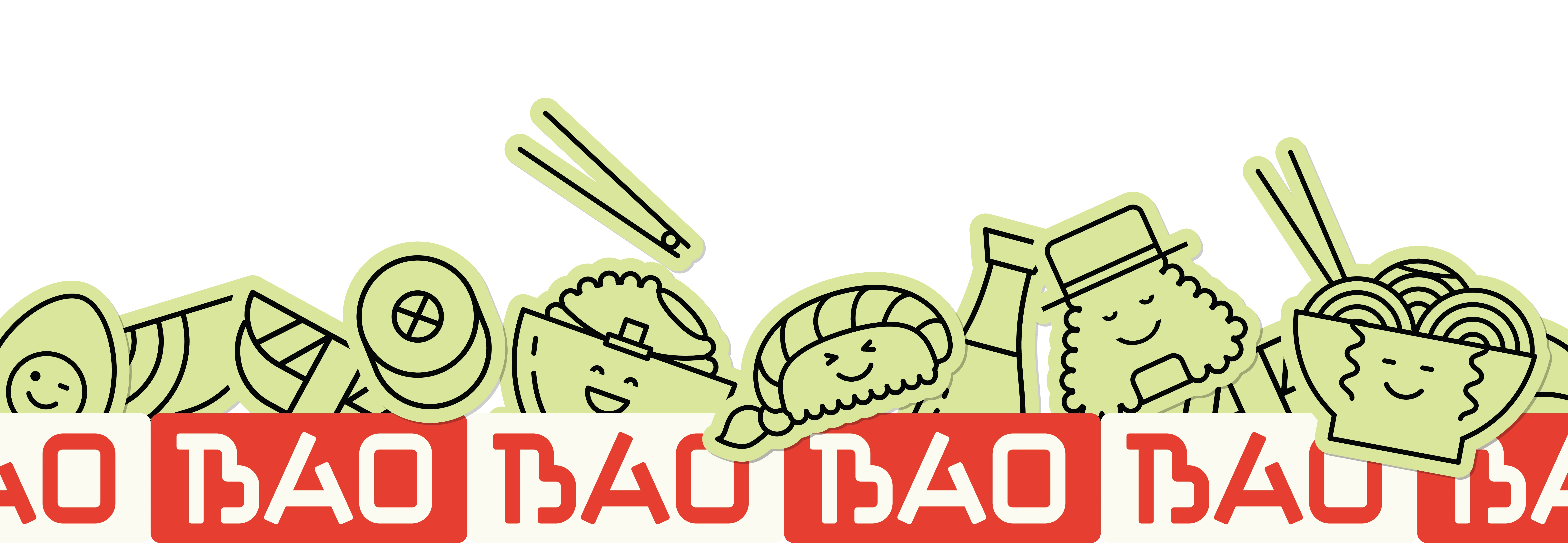 Playful cartoon characters enjoying various Asian dishes