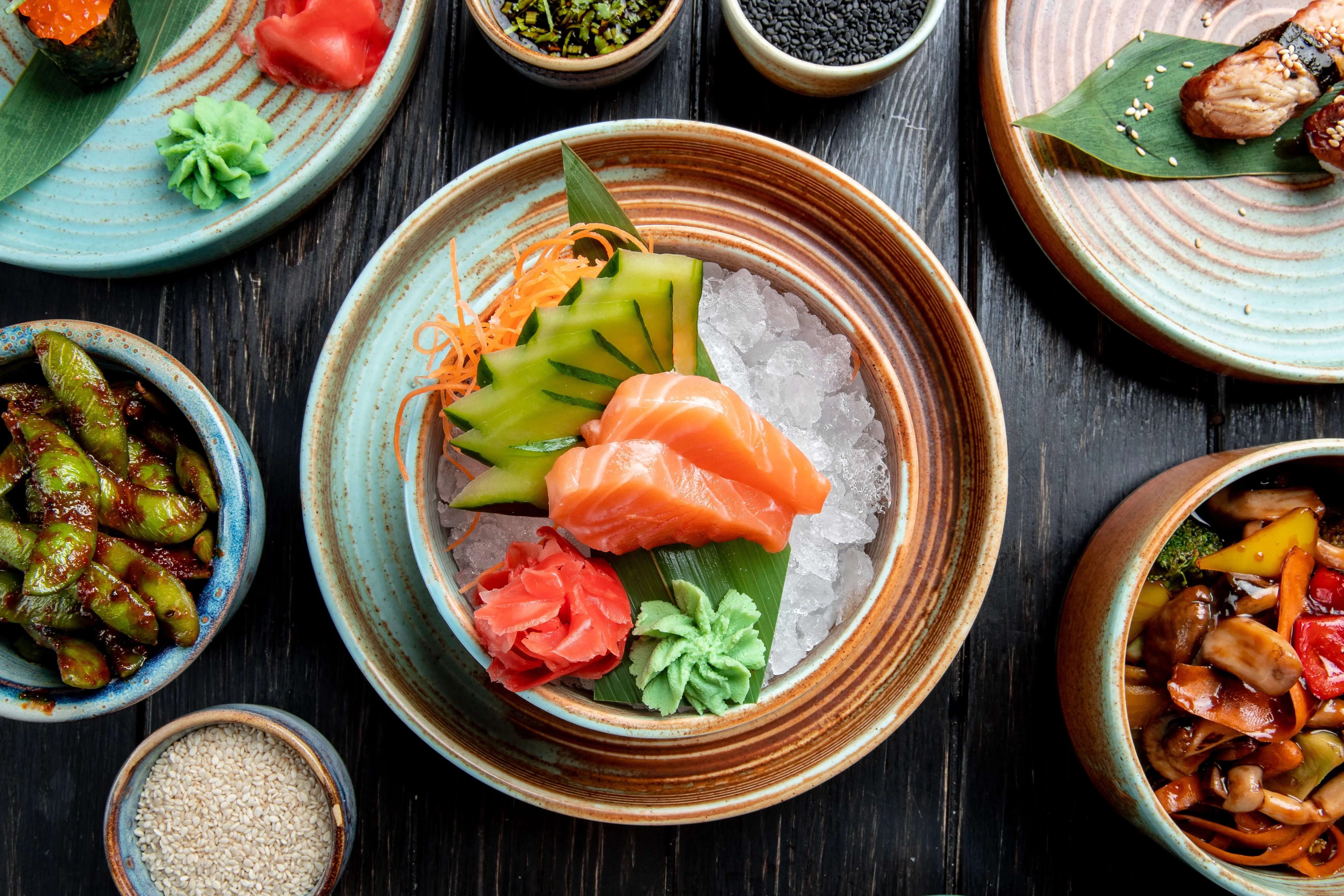 Japanese sashimi platter with fresh salmon and wasabi
