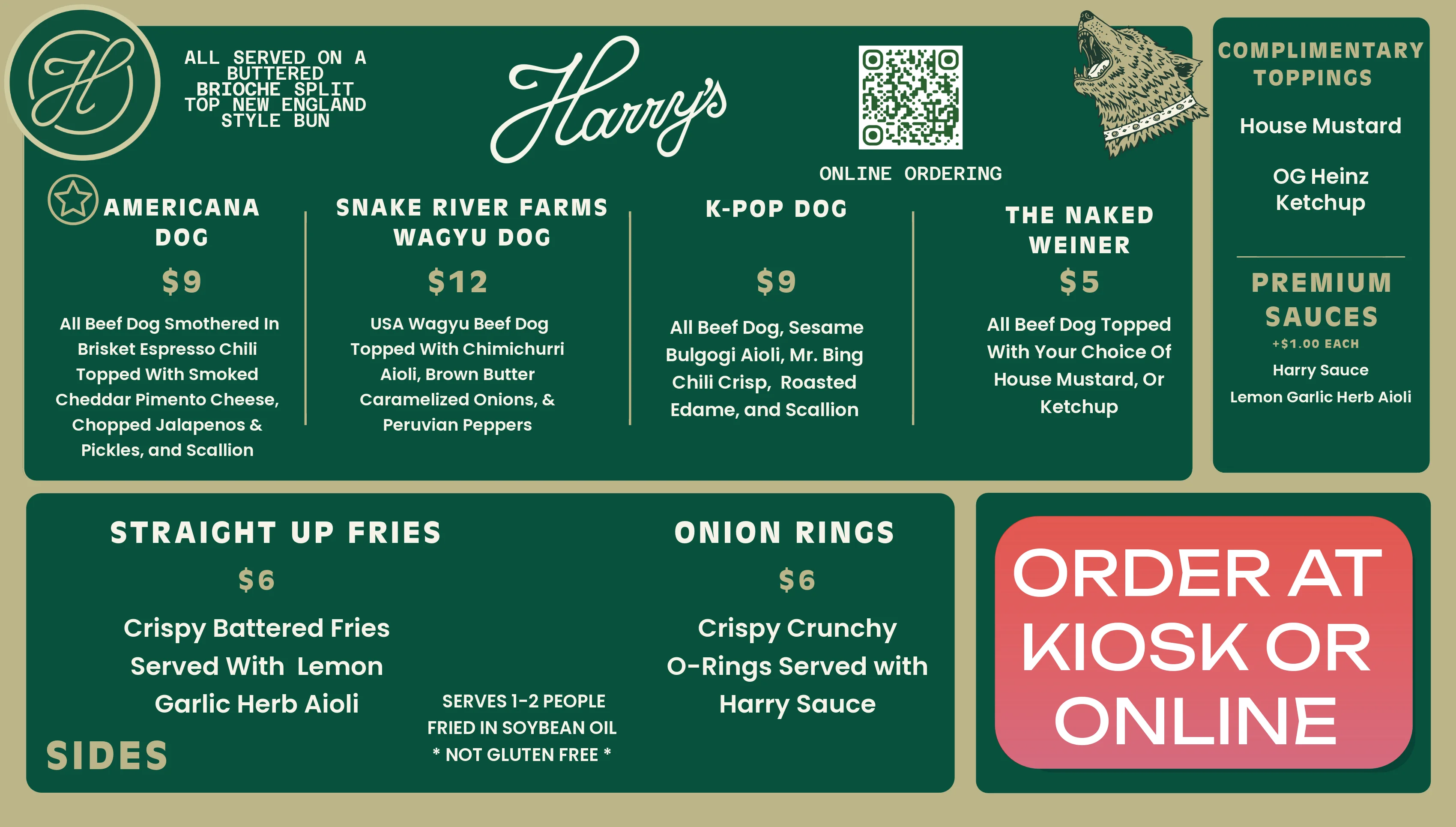Revised restaurant menu featuring various dishes and prices.