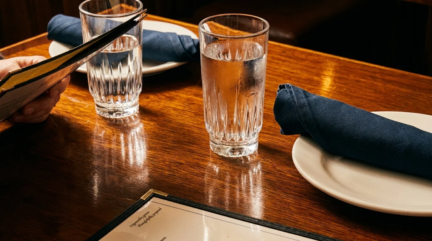 Cozy restaurant table set with water glasses and menus