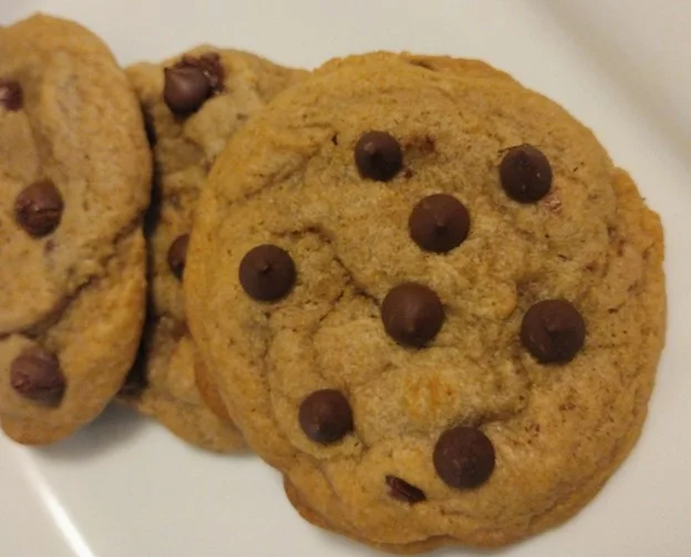 Freshly baked chocolate chip cookies on a plate