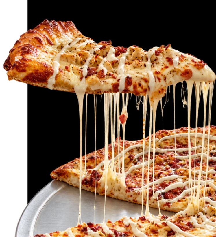 Cheesy pizza slice with gooey mozzarella and savory toppings