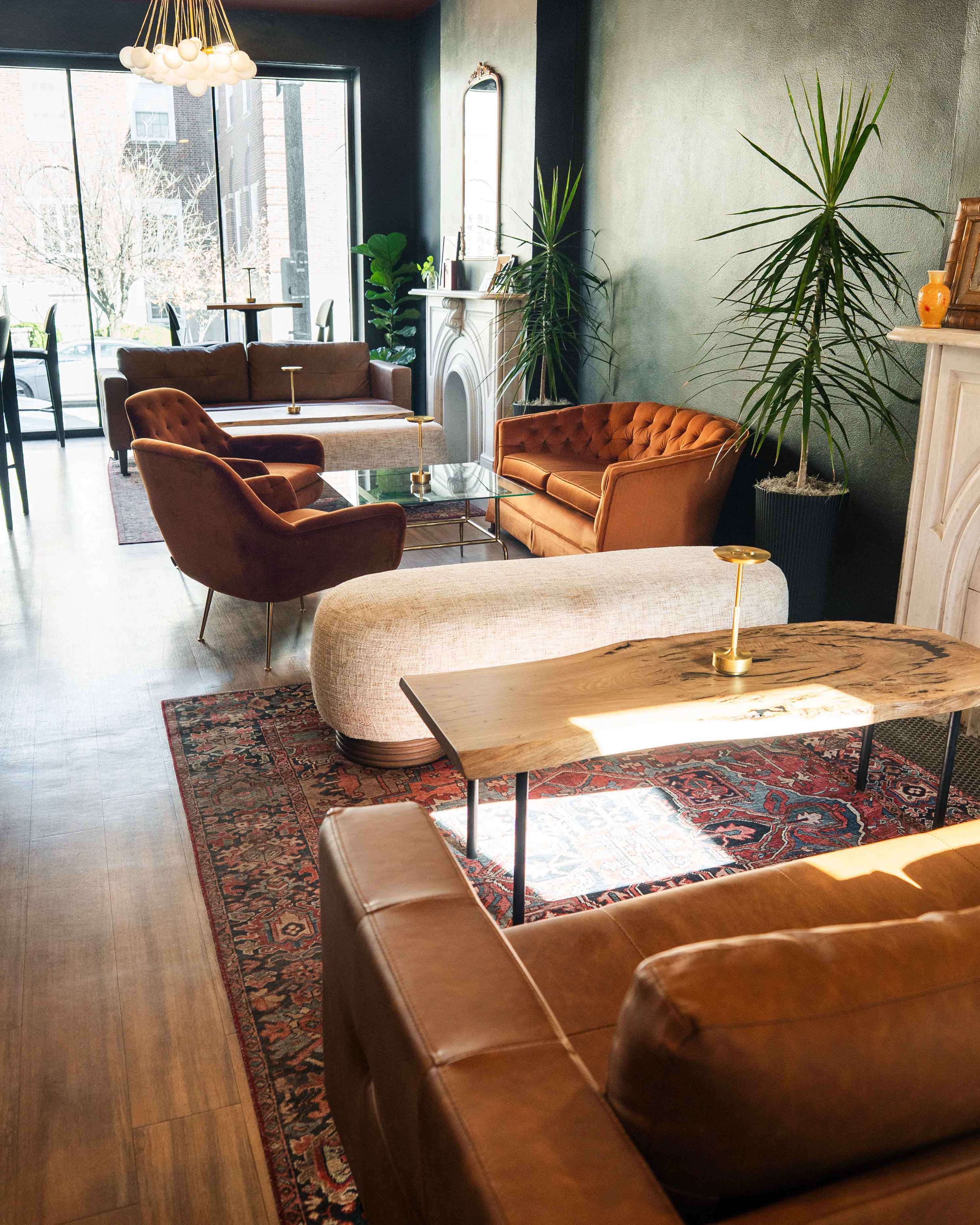 Stylish restaurant interior with cozy seating and modern decor
