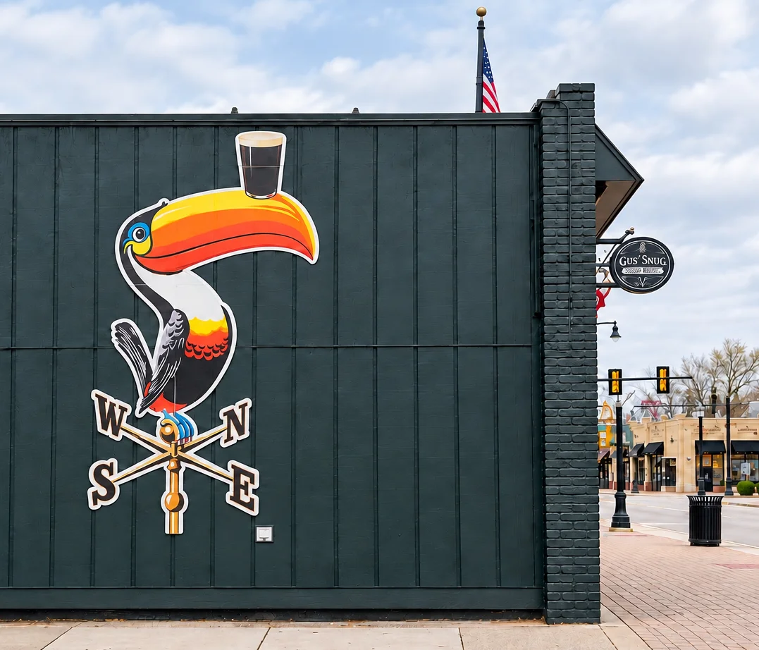 Toucan mural holding a pint above a compass design on the exterior wall of Gus’ Snug Irish Pub in Clawson.