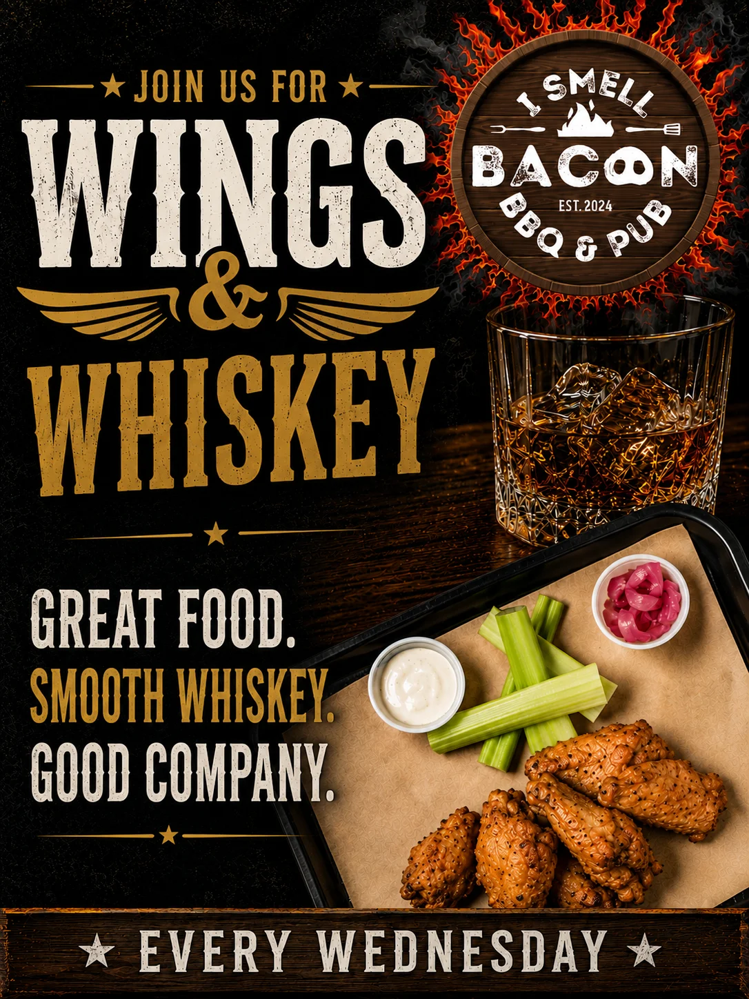 Crispy chicken wings served with celery and dipping sauces in a pub setting