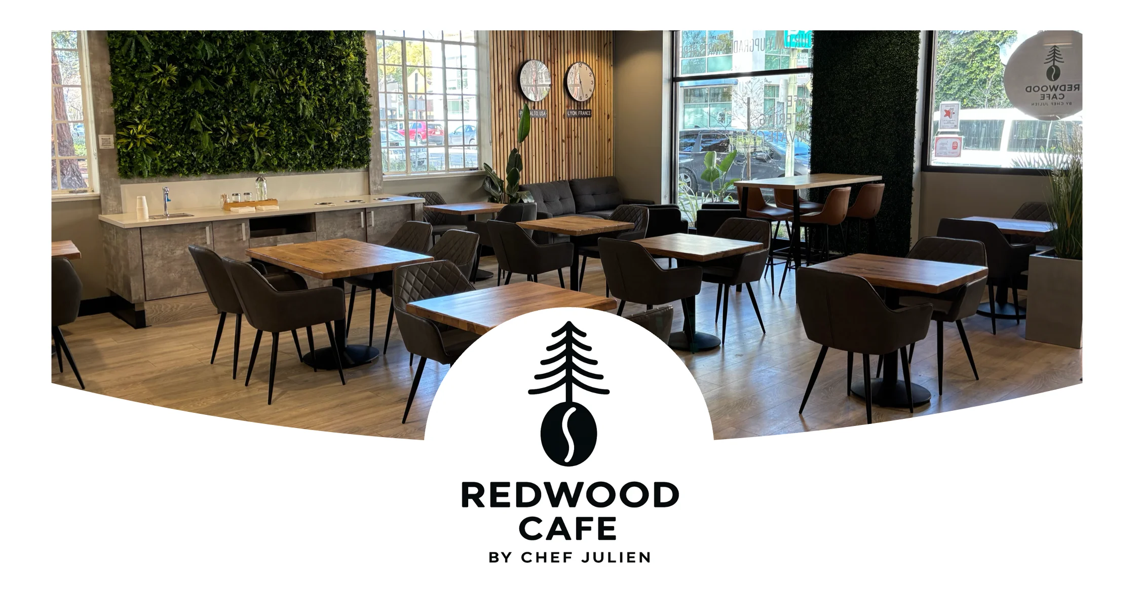 Modern cafe interior with wooden tables and greenery