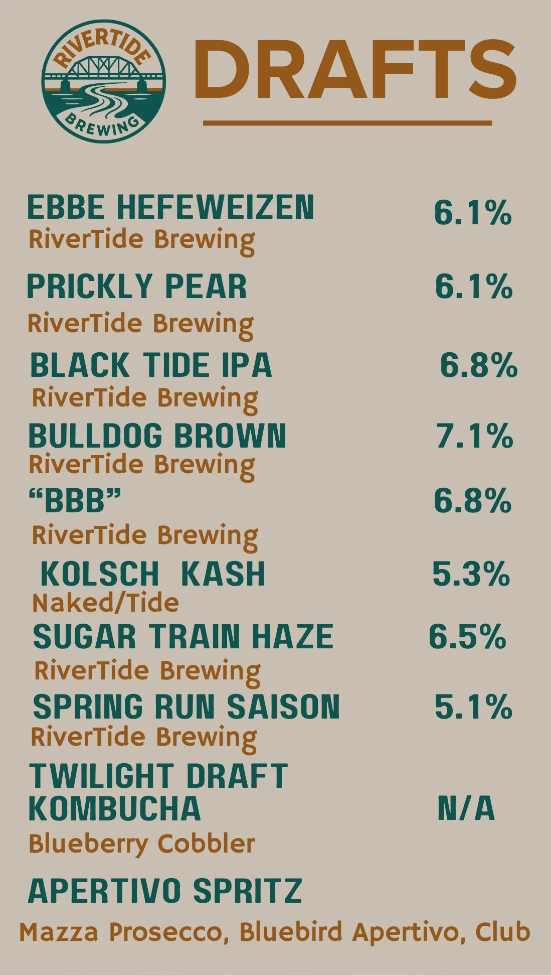 Craft brewery beer and cocktail menu with beverage names and ABV percentages