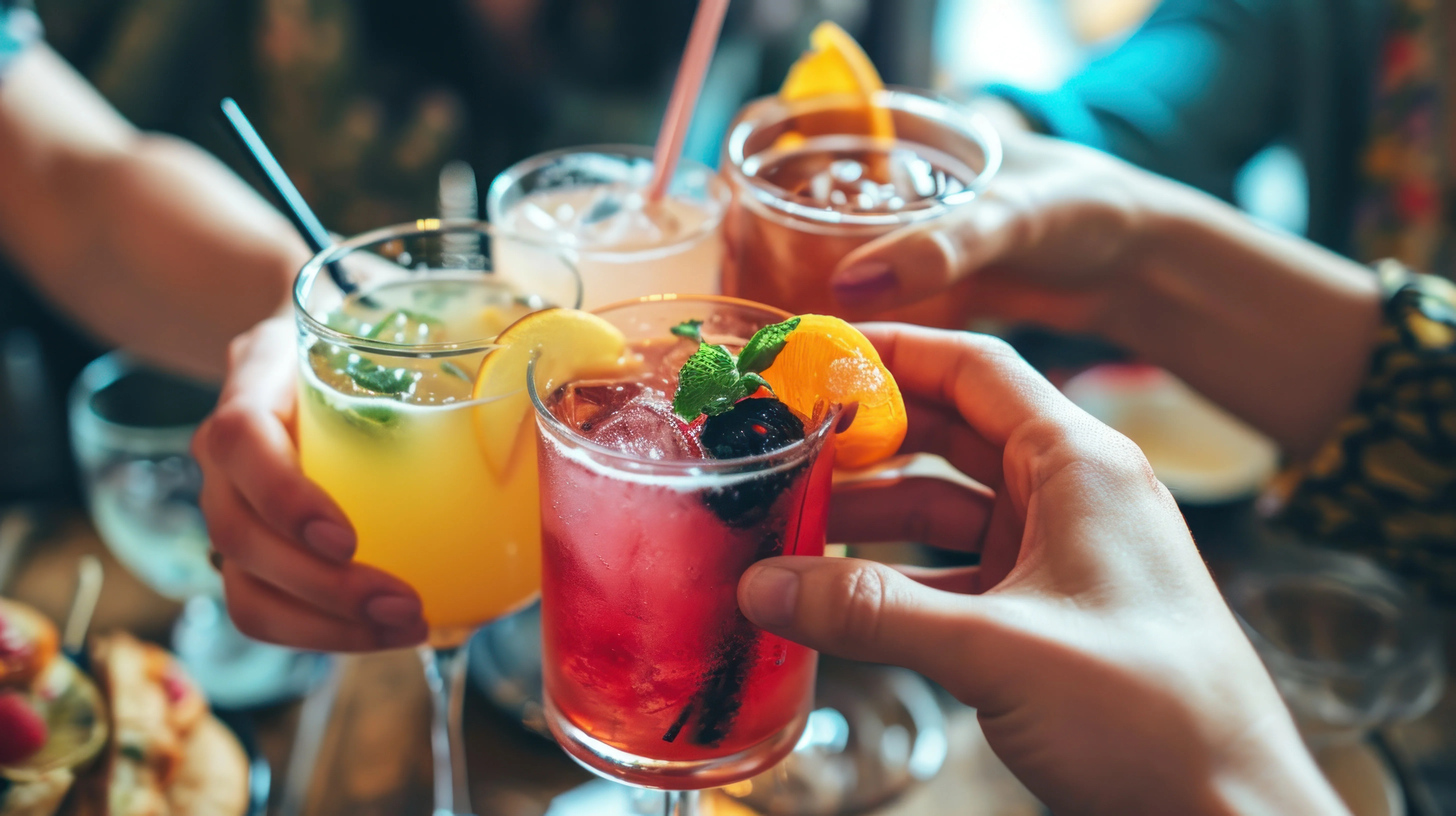 Colorful cocktails clinking together in celebration