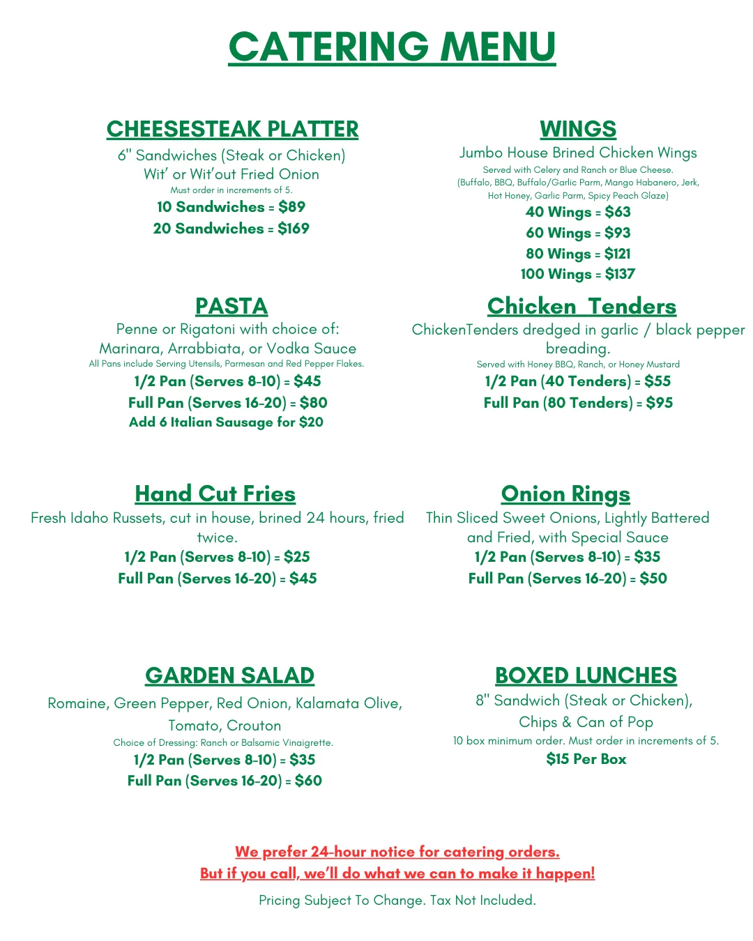 Catering menu featuring cheesesteaks, wings, and pasta dishes