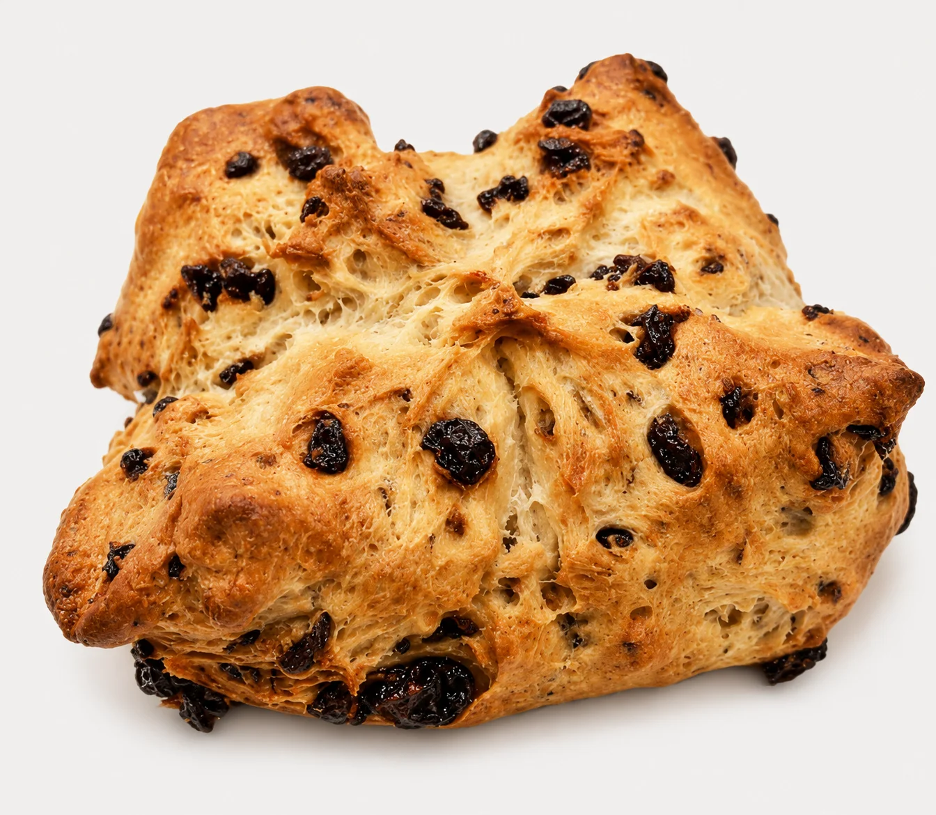 A rustic loaf of bread with dark raisins and a golden-brown crust.