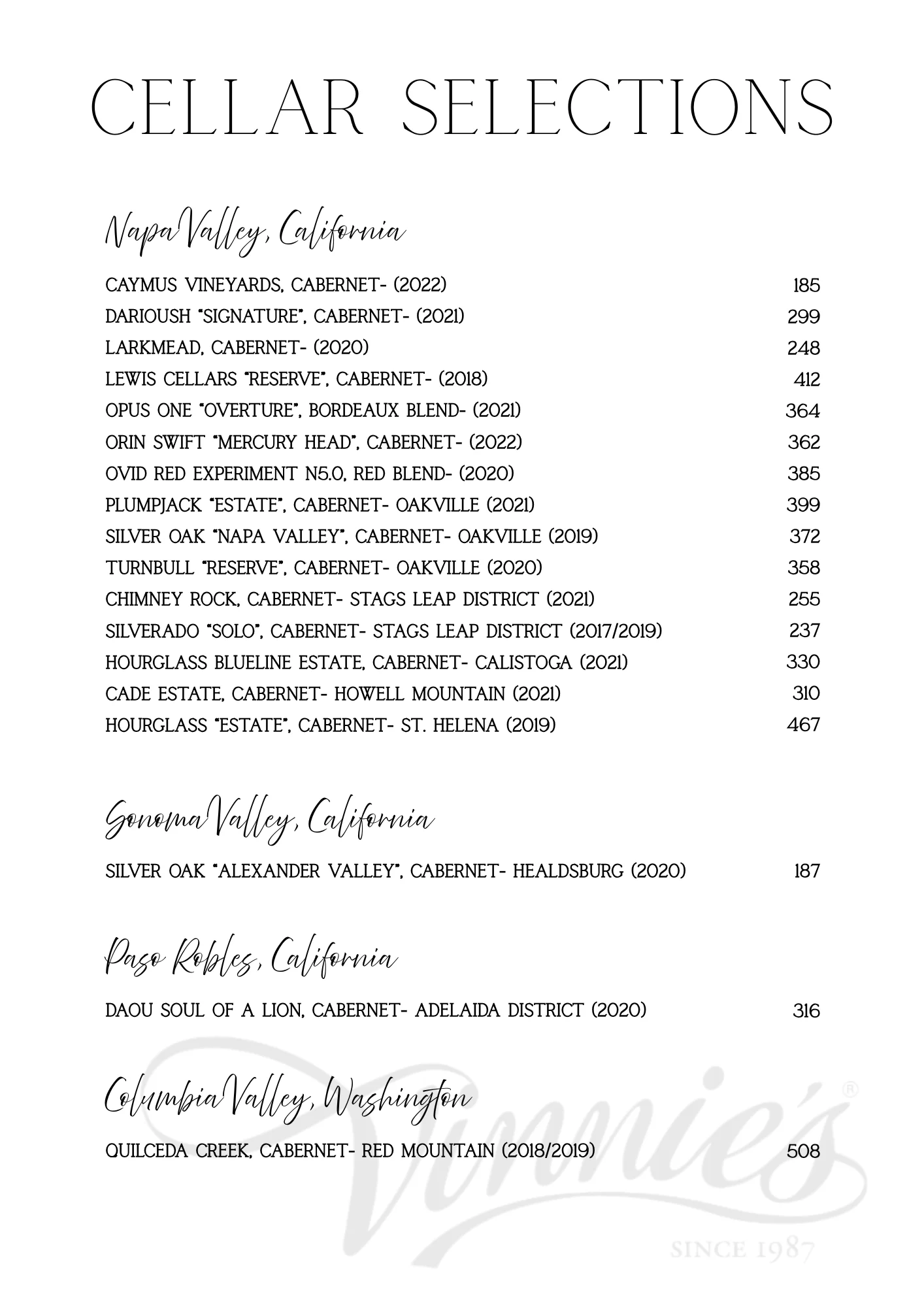 Wine cellar selections featuring premium Cabernet varieties