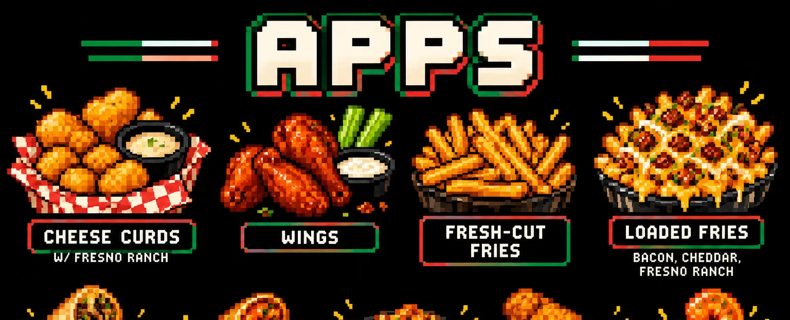 Variety of appetizers including wings, cheese curds, and loaded fries