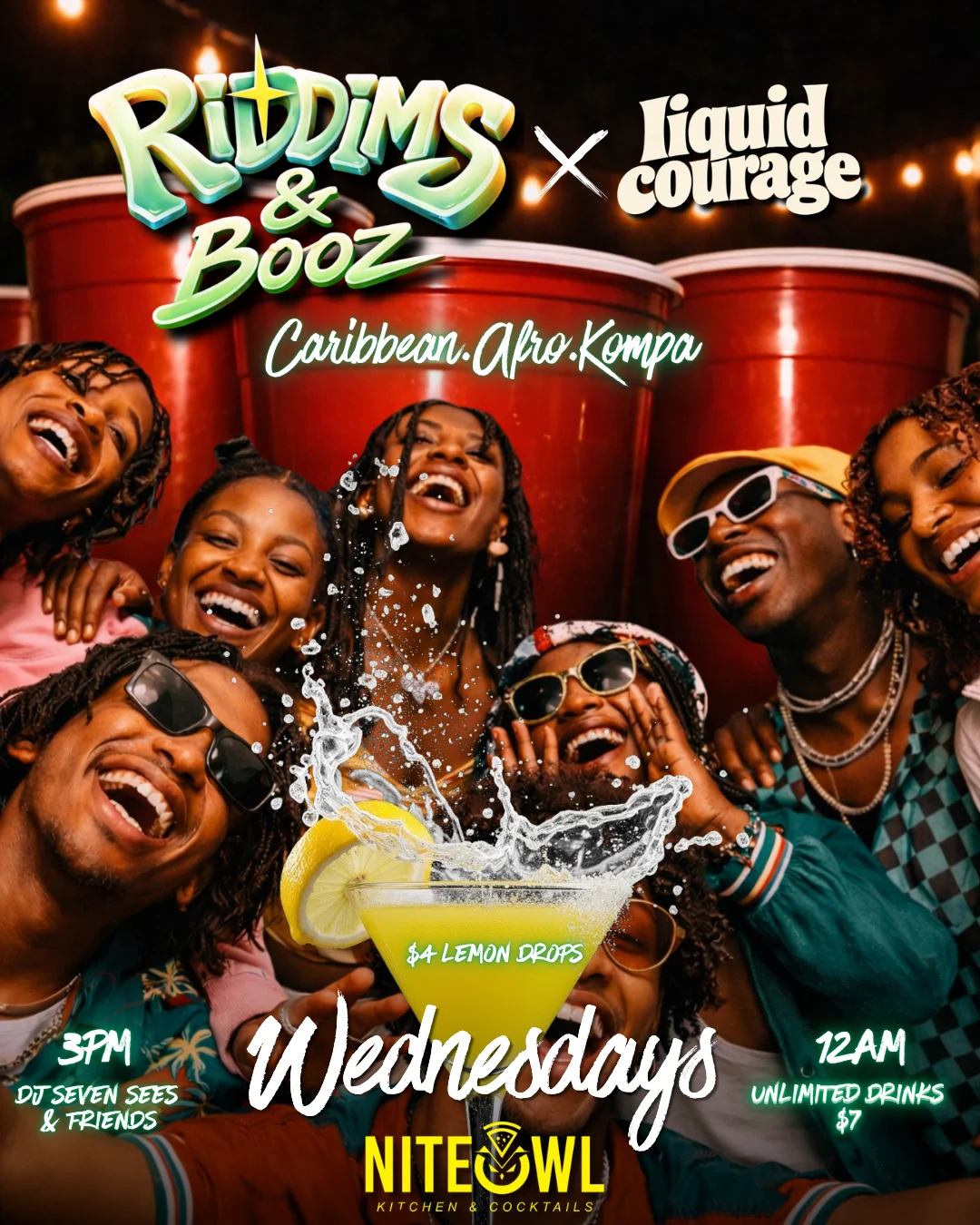 Vibrant Caribbean party scene with cocktails and laughter