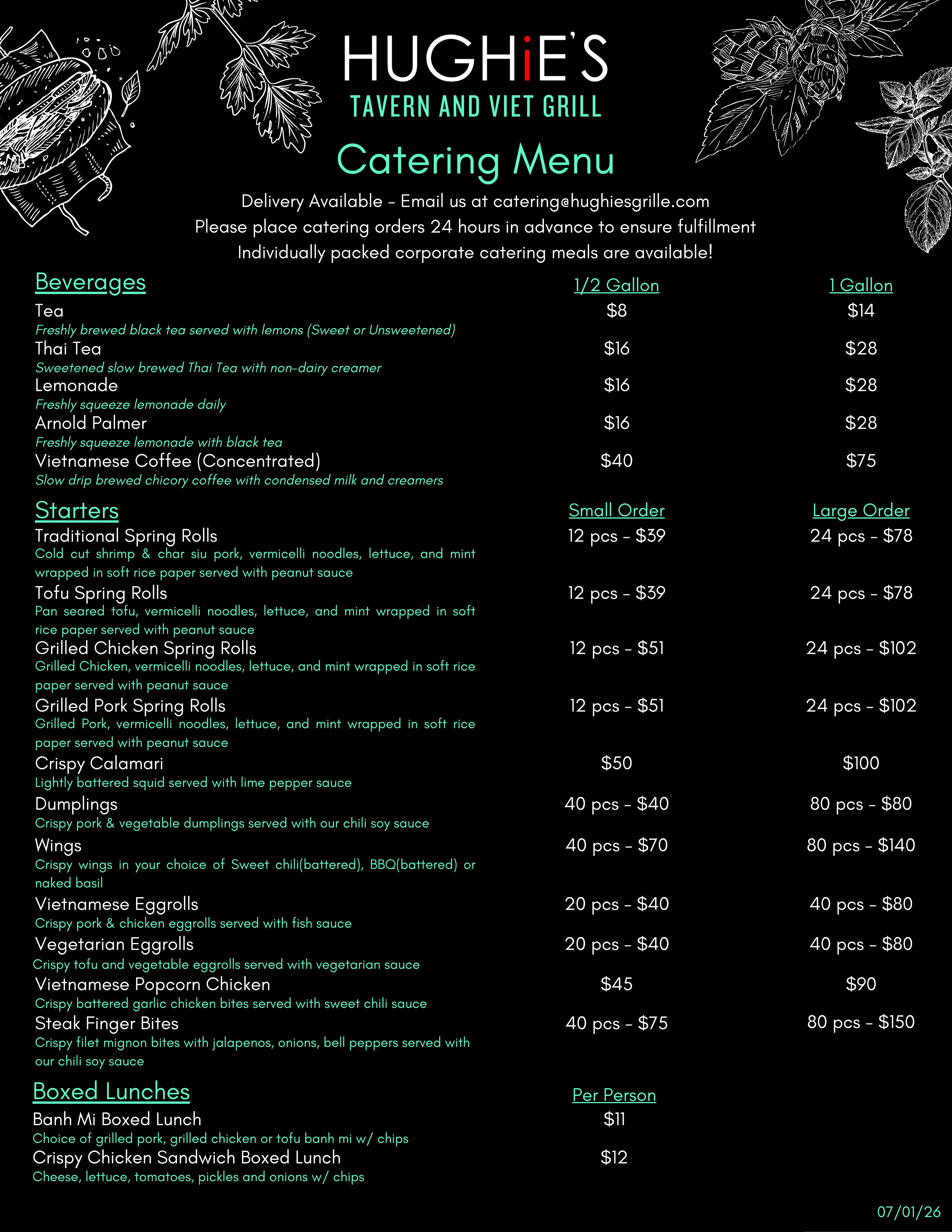 Catering menu for Vietnamese and American dishes at Hughie's Tavern