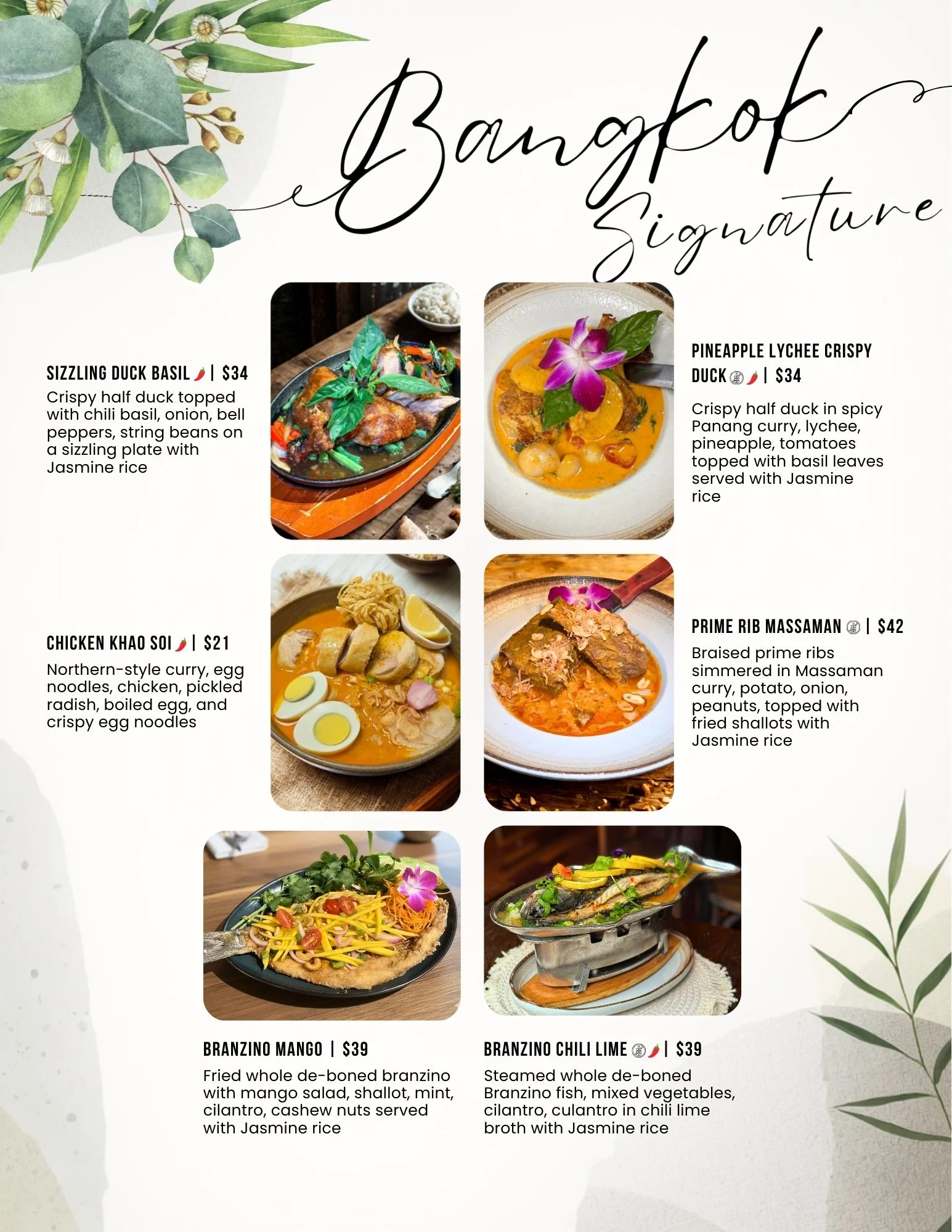 Thai signature dishes including crispy duck and branzino