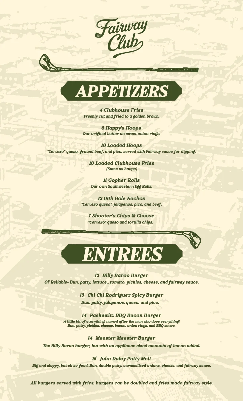 Menu featuring burgers and appetizers at Fairway Club.