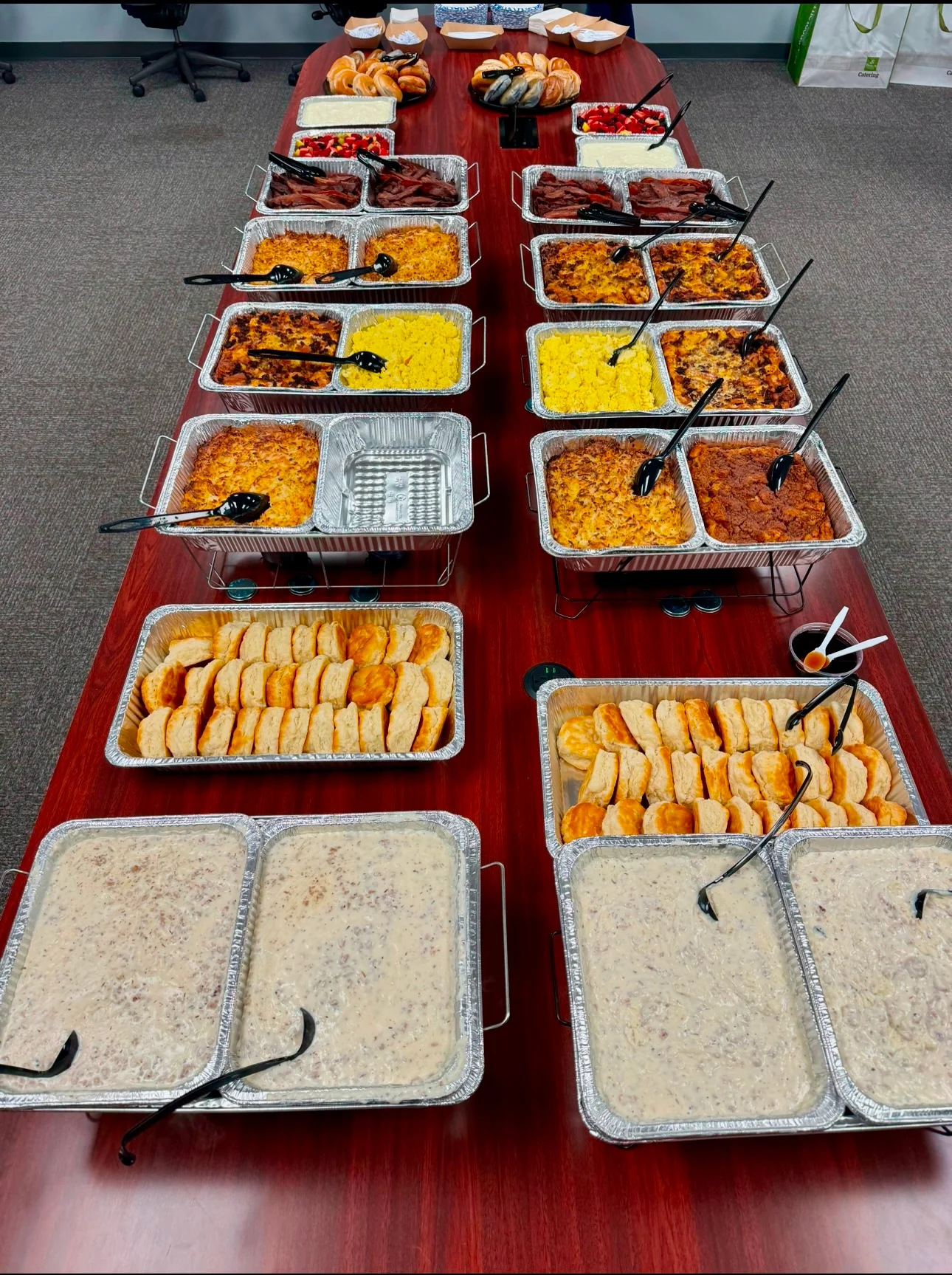 Southern-style buffet with biscuits and gravy