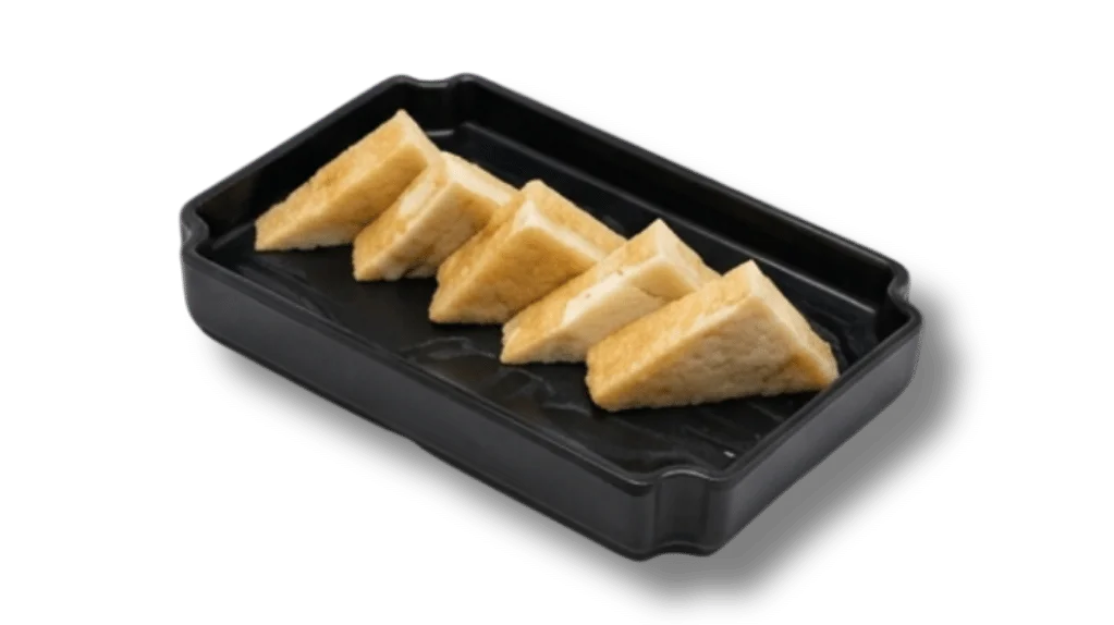 Five triangular pieces of toasted bread on a black serving tray.