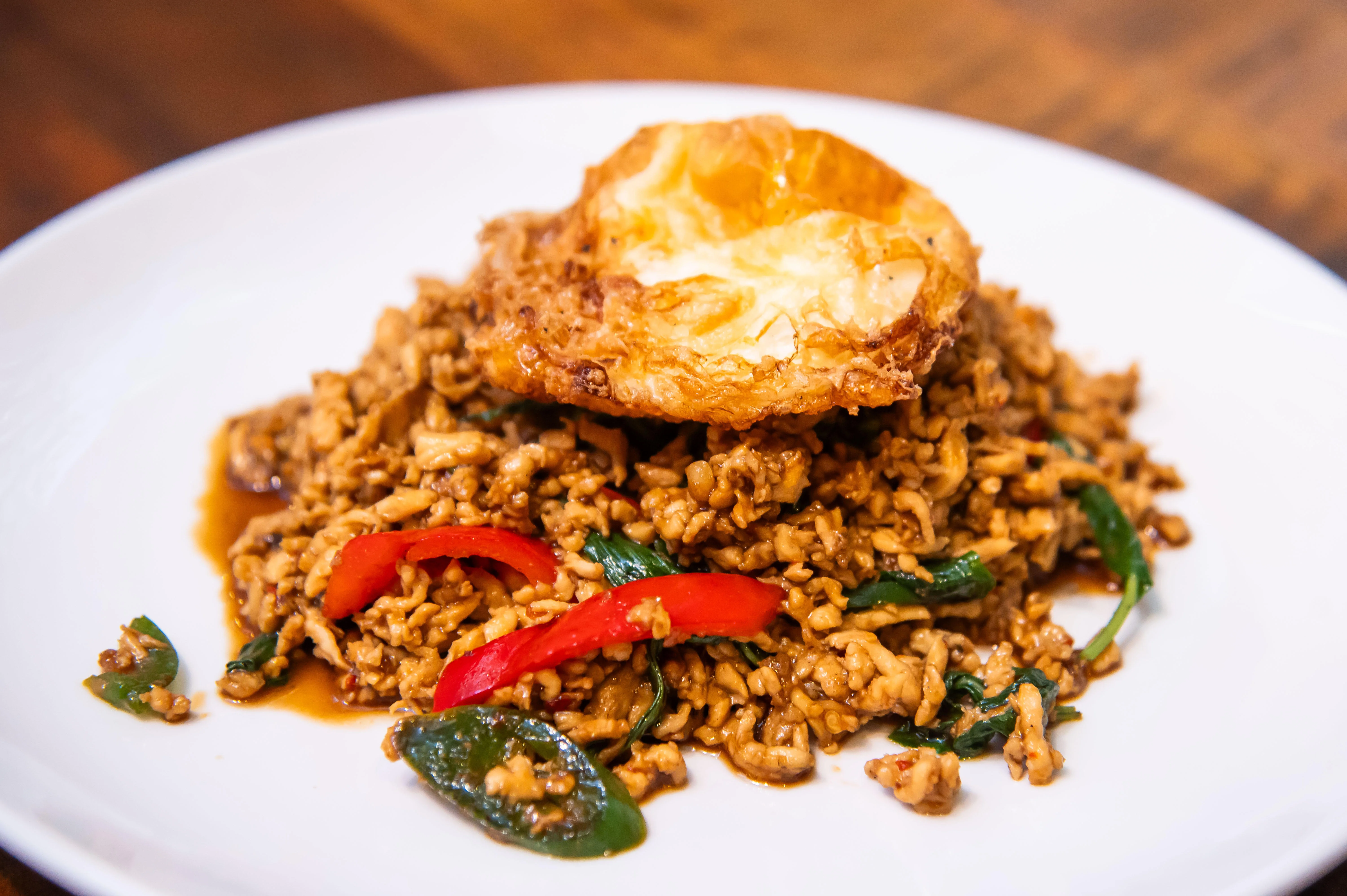 Thai basil fried rice topped with a crispy egg