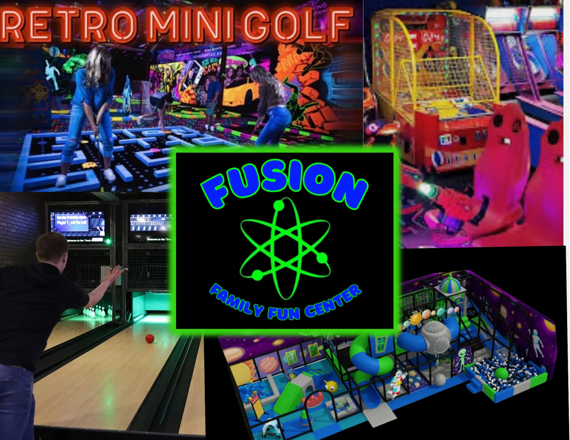 A vibrant logo for a family entertainment center featuring the name 'Fusion' in bold blue letters and a green atom design symbolizing fun and energy.