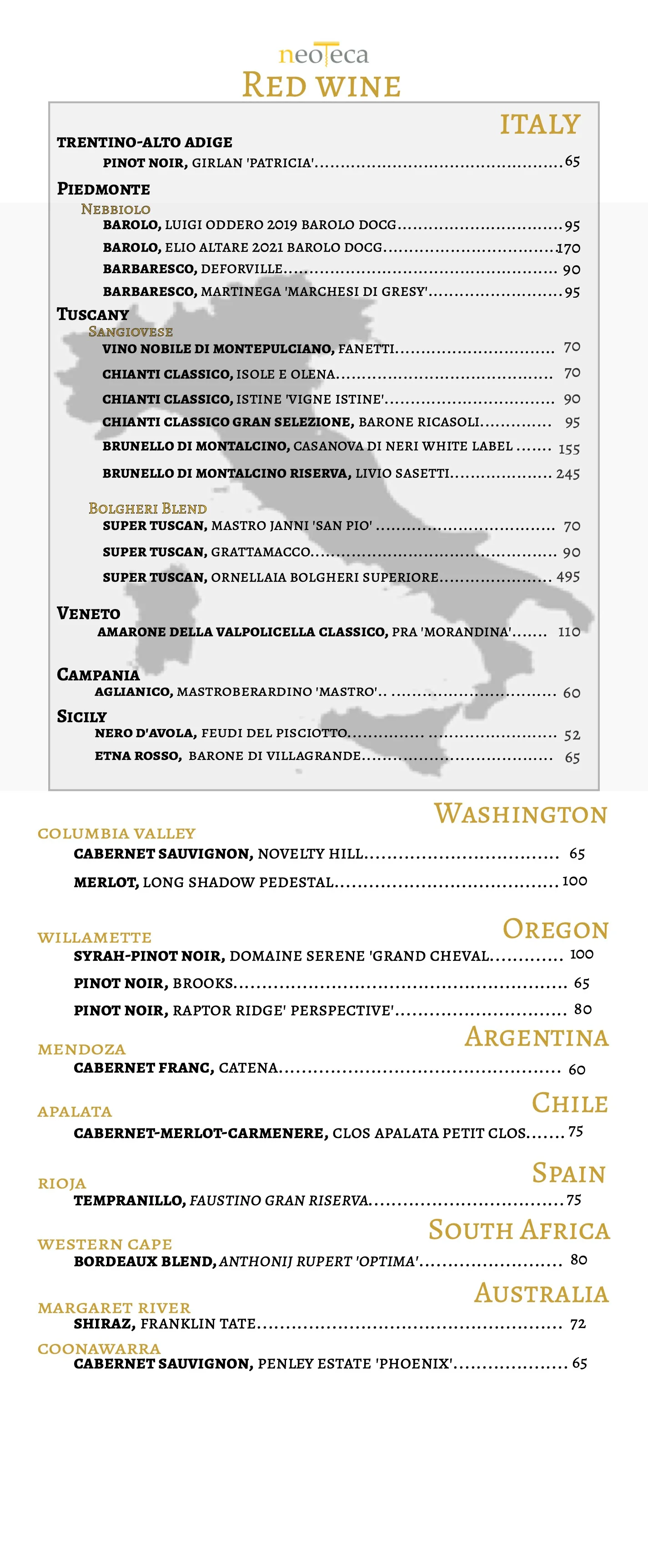 Italian red wine menu featuring selections from various regions