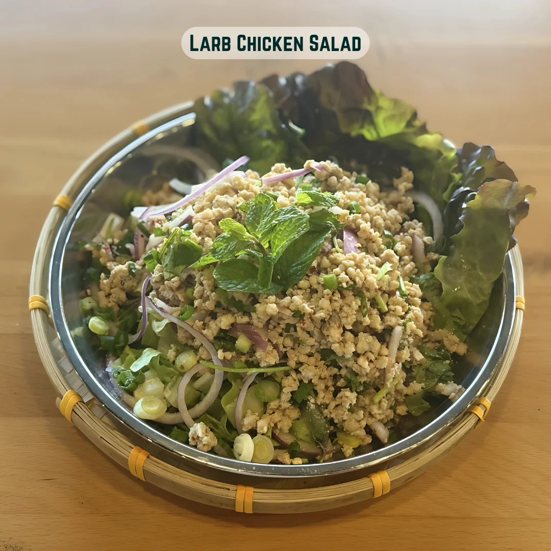 Larb chicken salad, a traditional Thai dish with fresh herbs