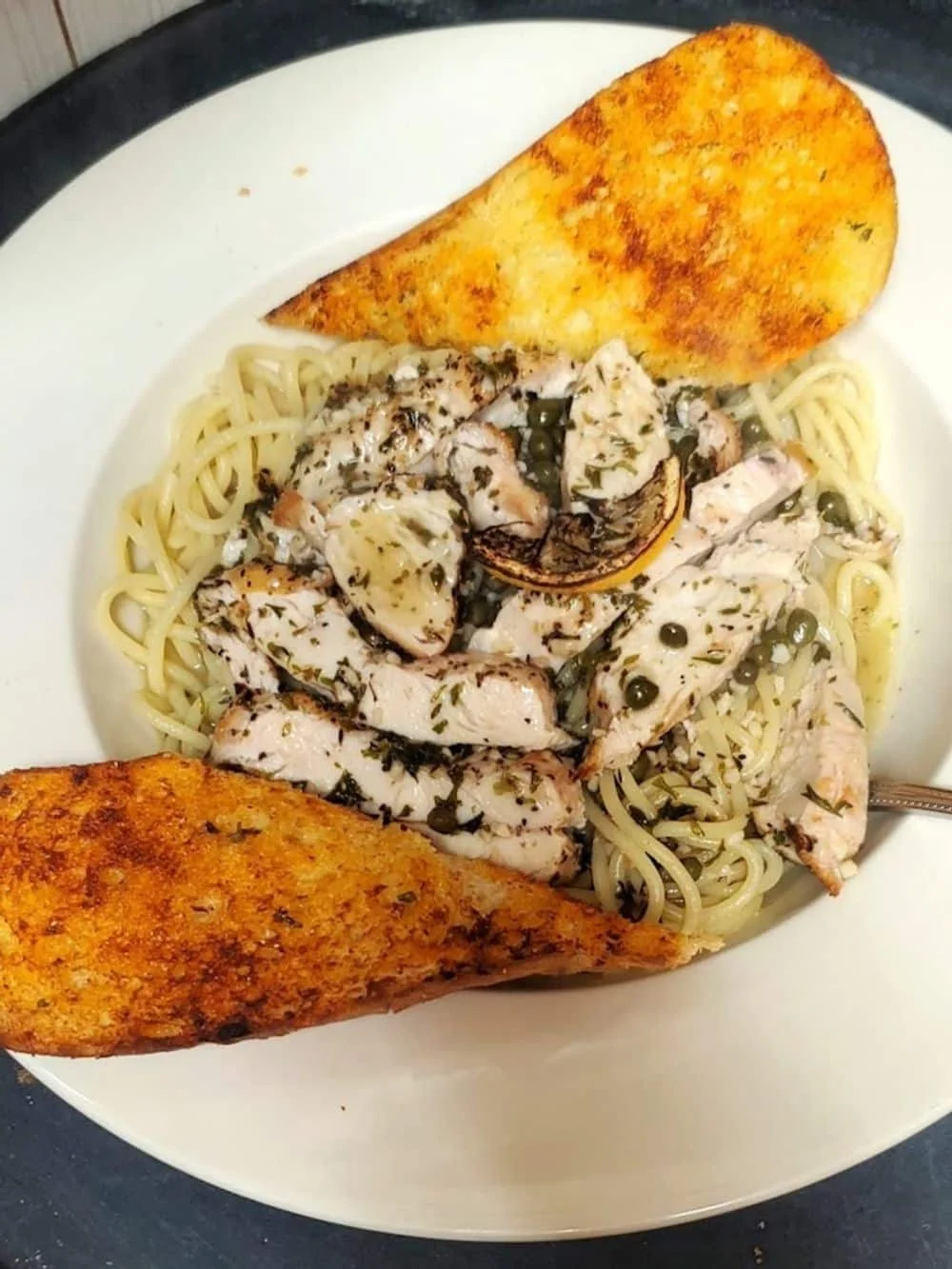 Creamy chicken fettuccine Alfredo with garlic bread
