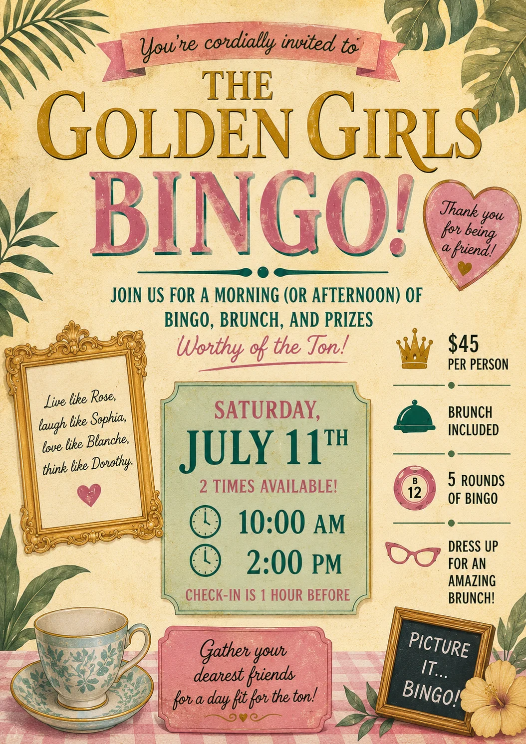 Invitation to The Golden Girls Bingo event with brunch and prizes.