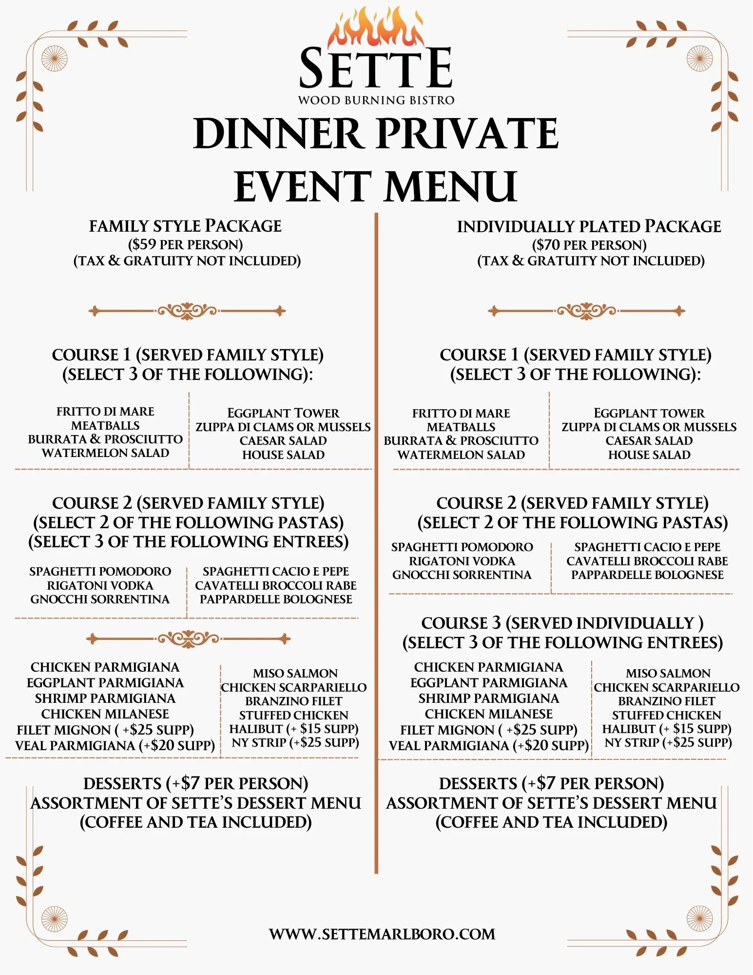 Private event menu featuring a variety of gourmet dishes.
